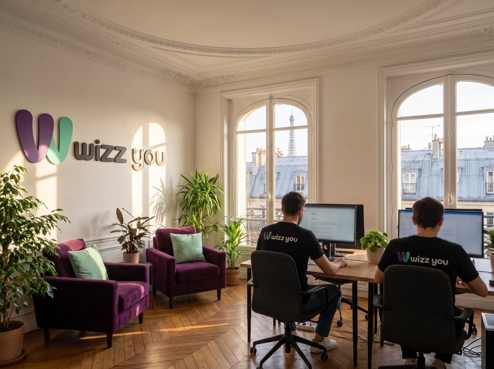 Le bureau parisien de l'agence web Wizz You sous les toits, Tour Eiffel en toile de fond
