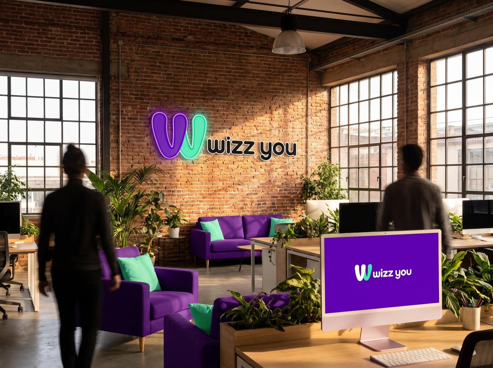 L'open space de l'agence web Wizz You à Toulouse — enseigne néon et briques apparentes