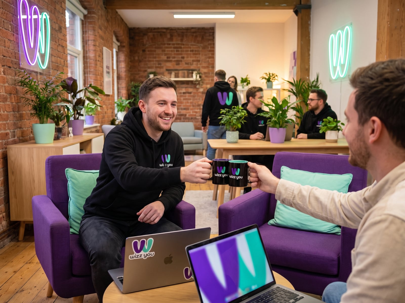Un membre de l'équipe Wizz You partage un café avec un client