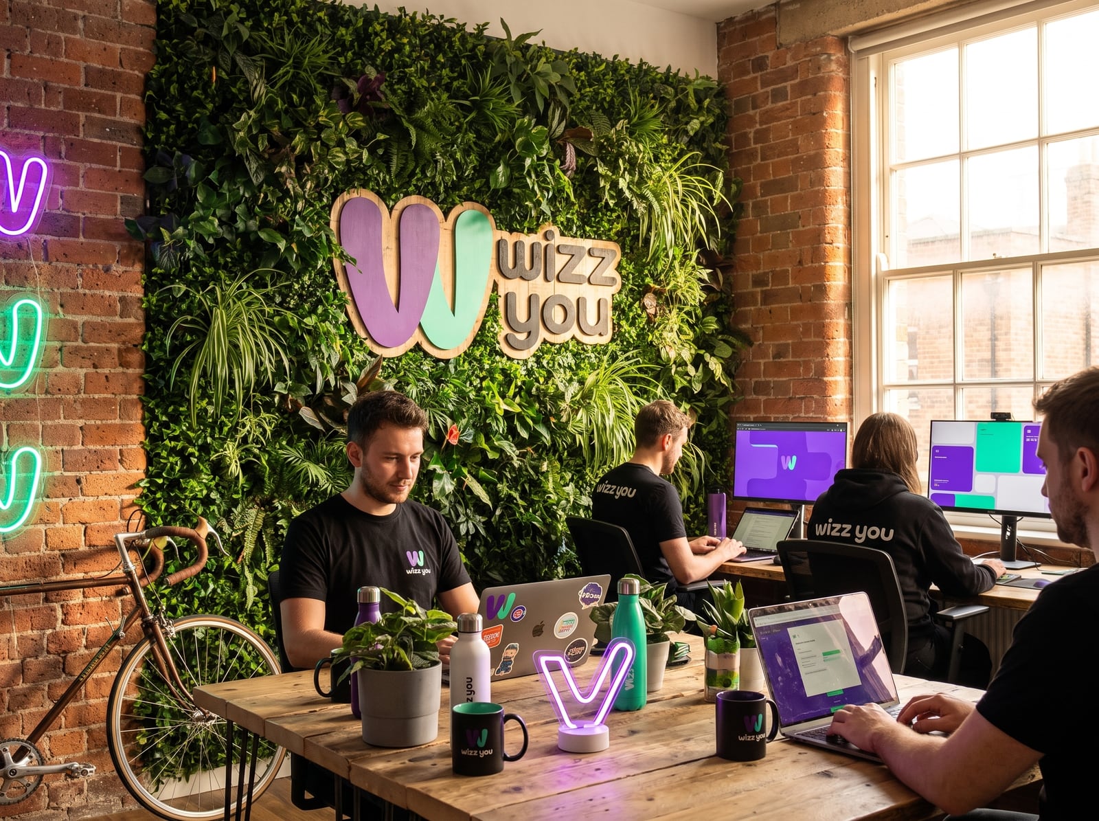 Mur végétal avec le logo Wizz You en bois, vélo et bureaux éco-conçus