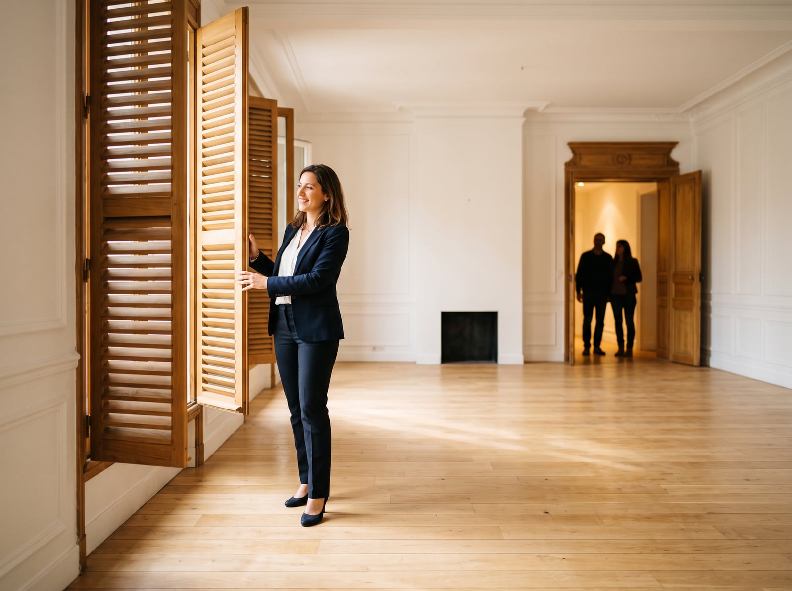 Agent immobilier faisant visiter un appartement baigné de lumière