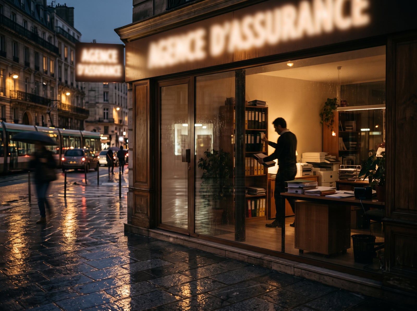 Agence d'assurance éclairée en soirée dans une rue calme