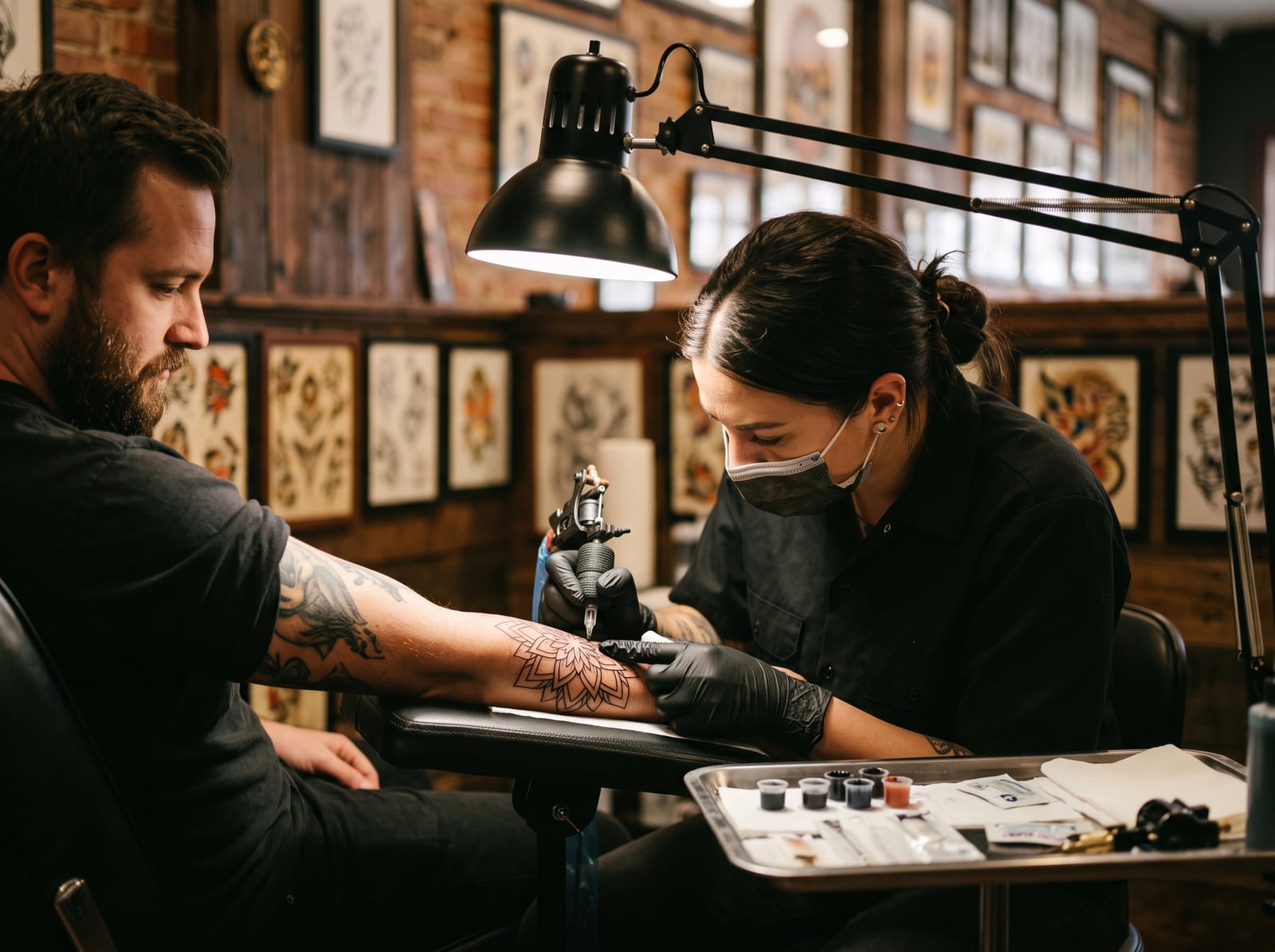 Tatoueur au travail sur un avant-bras sous une lampe de salon