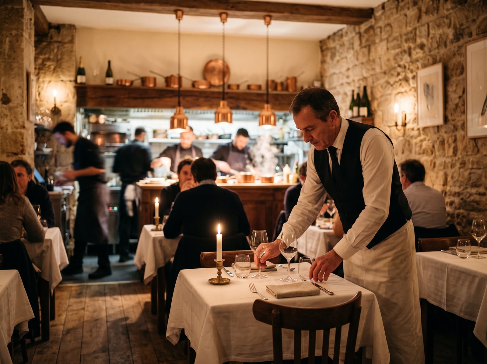 Serveur dressant une table élégante dans un restaurant aux murs de pierre