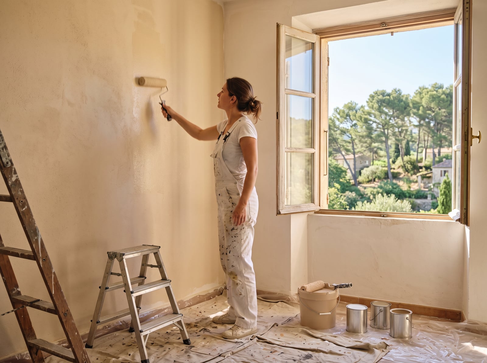 Peintre appliquant une peinture claire au rouleau dans une pièce lumineuse