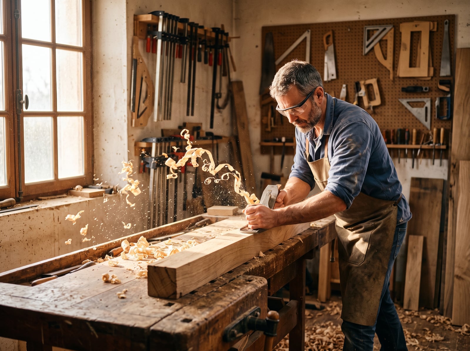 Menuisier rabotant du chêne dans son atelier ensoleillé