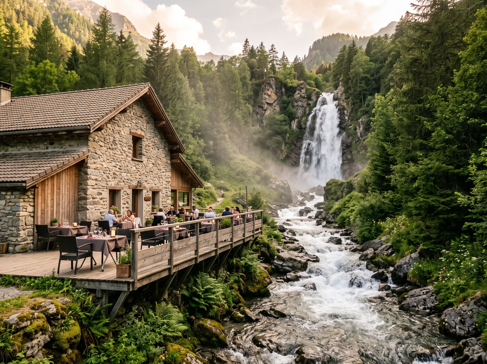 Terrasse d'une auberge en pierre surplombant un torrent et sa cascade