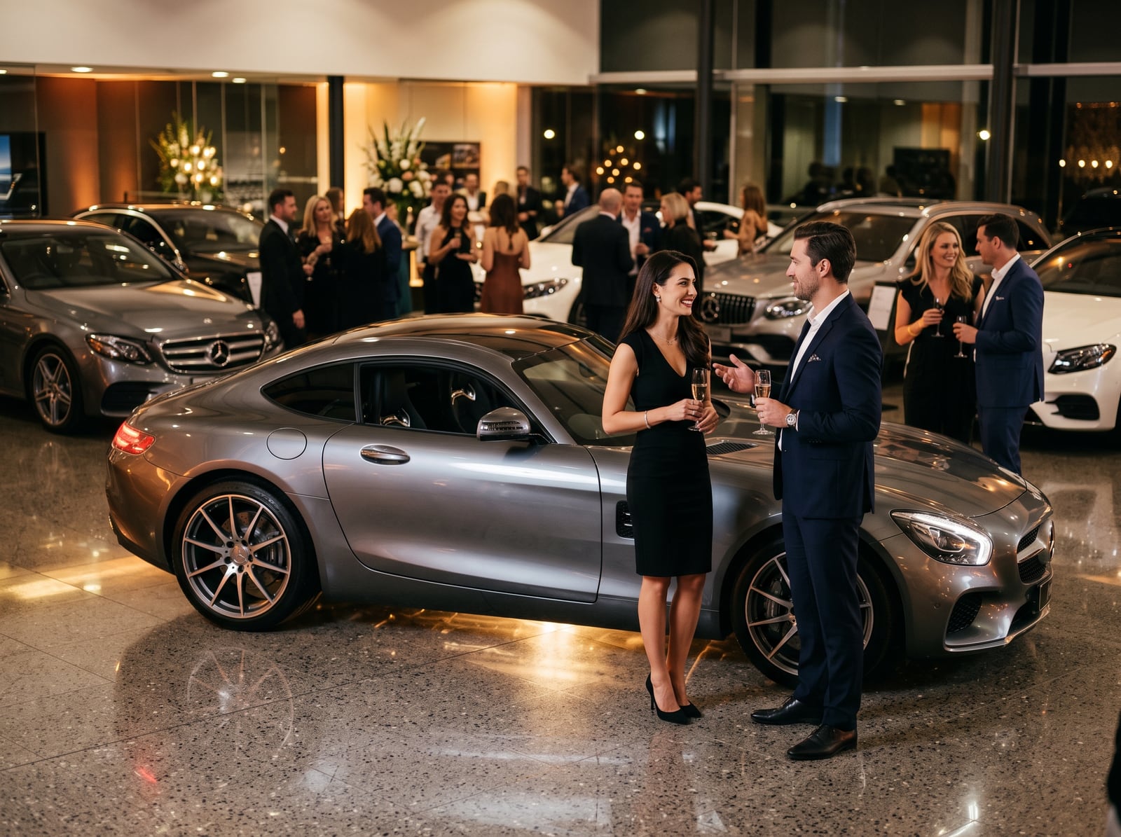 Visiteurs en discussion autour d'un coupé lors d'une soirée portes ouvertes