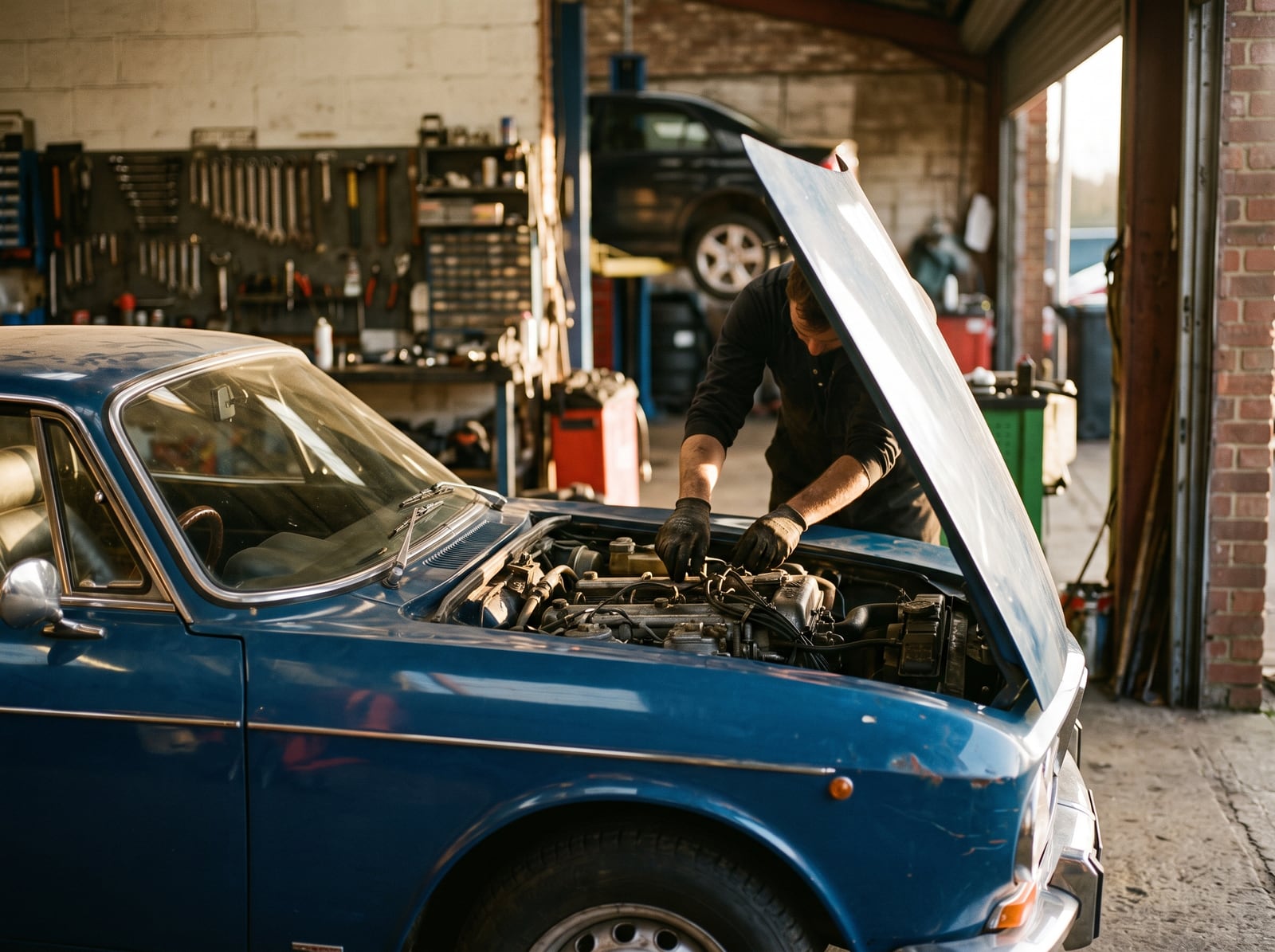 Mécanicien au travail sur un moteur dans un atelier automobile lumineux