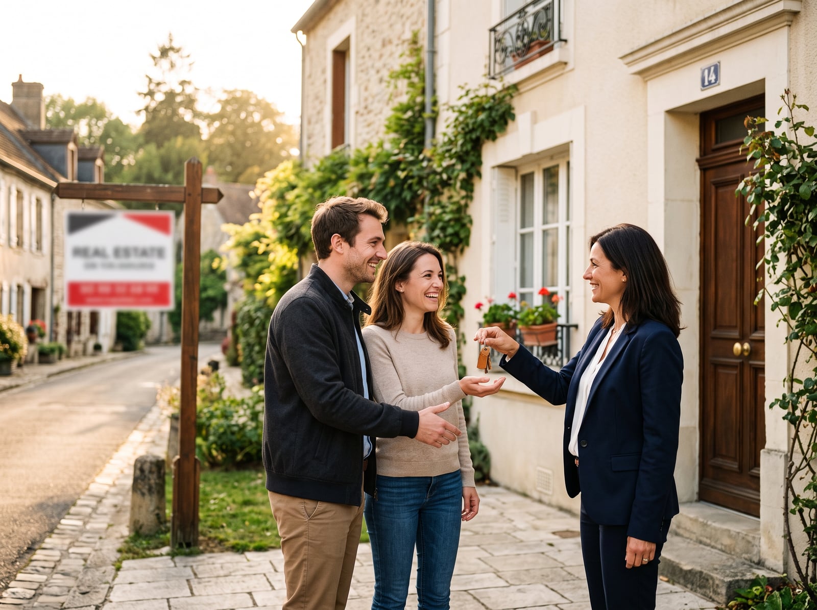 Remise de clés devant une maison en fin de journée
