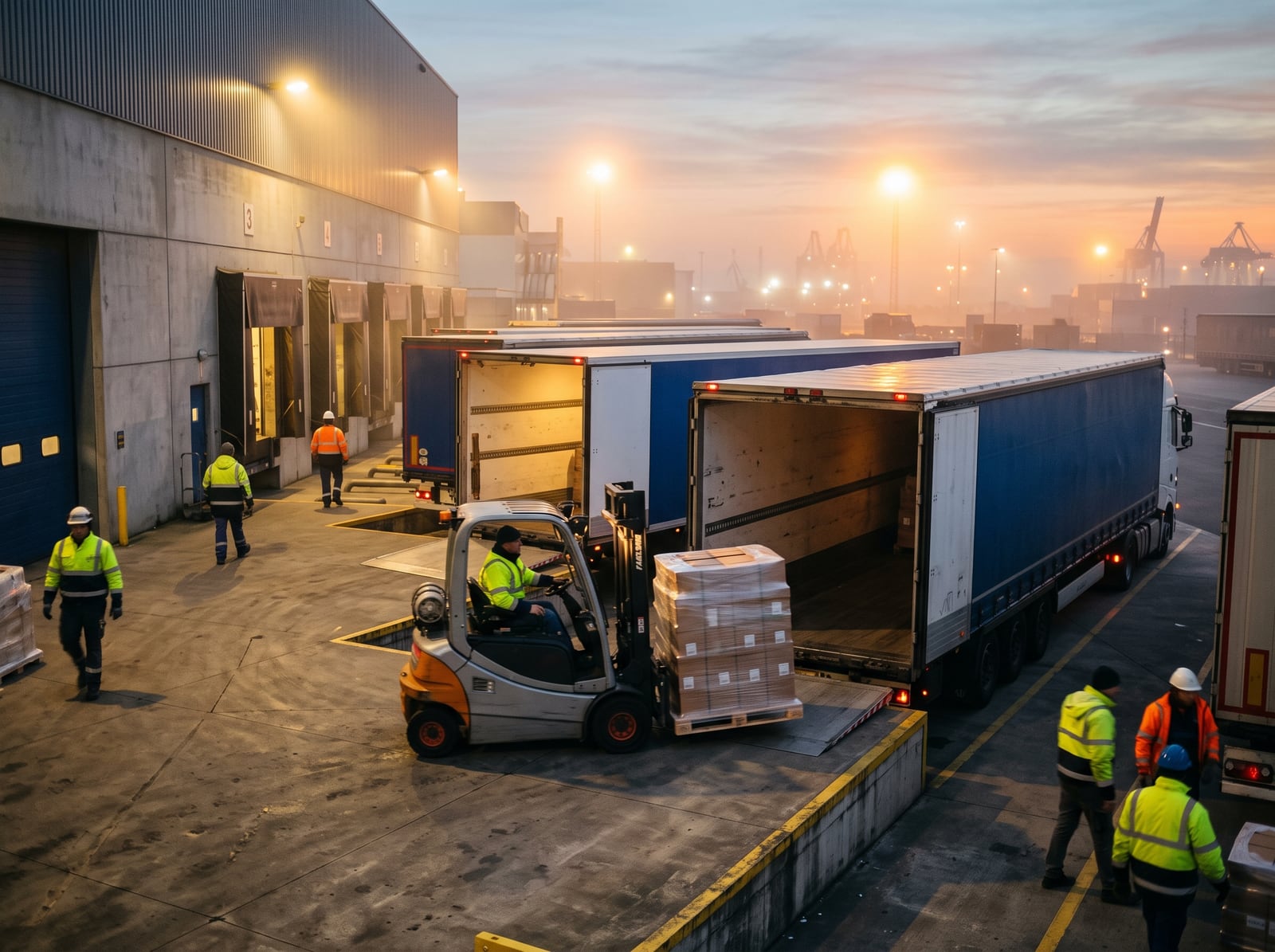 Chargement de palettes sur un quai logistique à l'aube