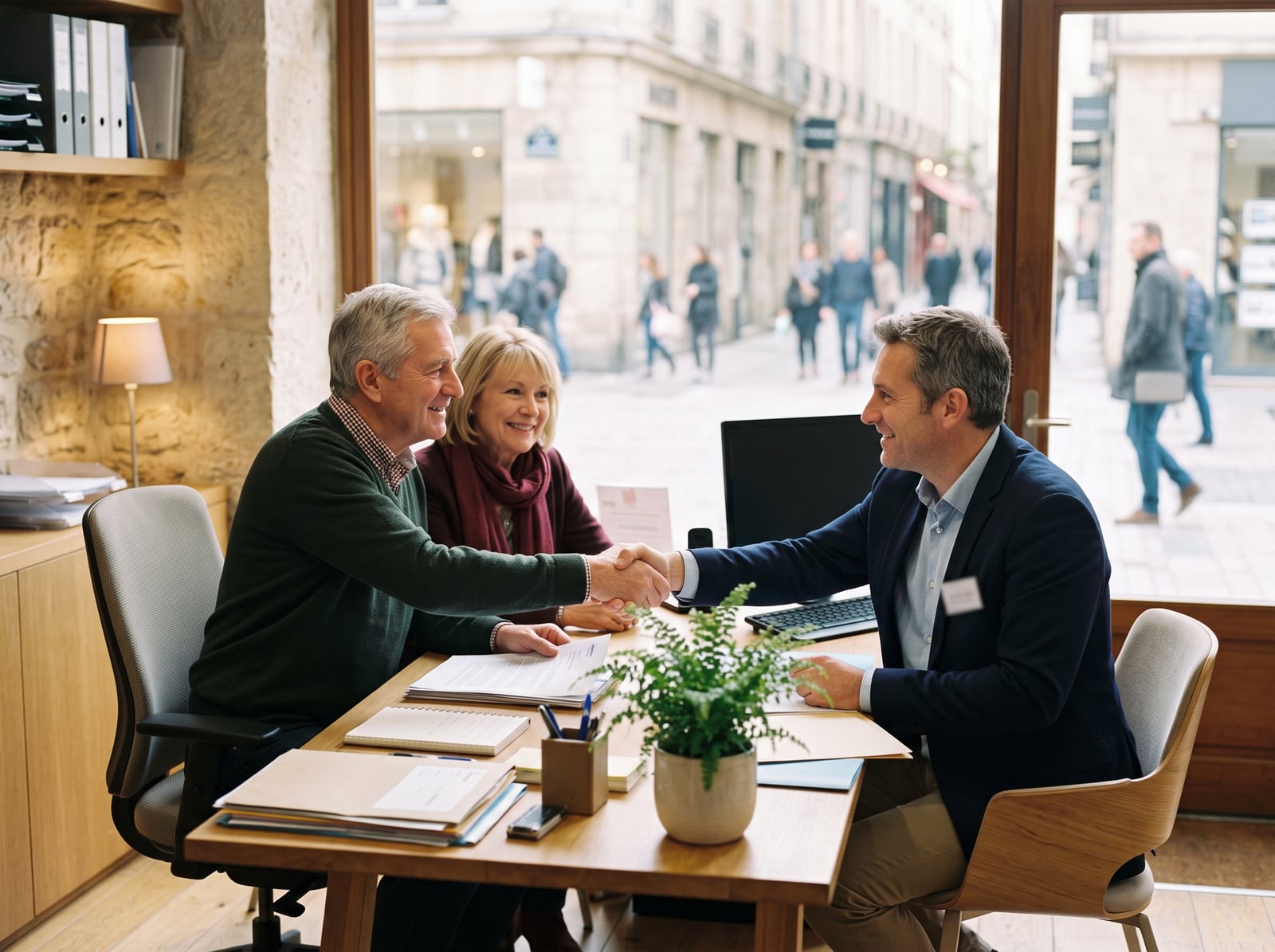 Conseiller accueillant un couple dans une agence d'assurance