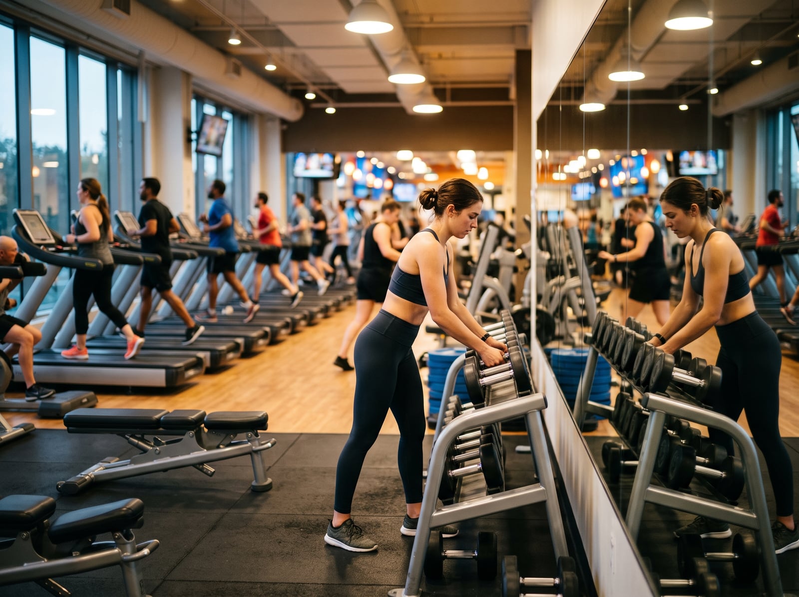 Adhérente ajustant un haltère sur le plateau de musculation d'une salle de sport