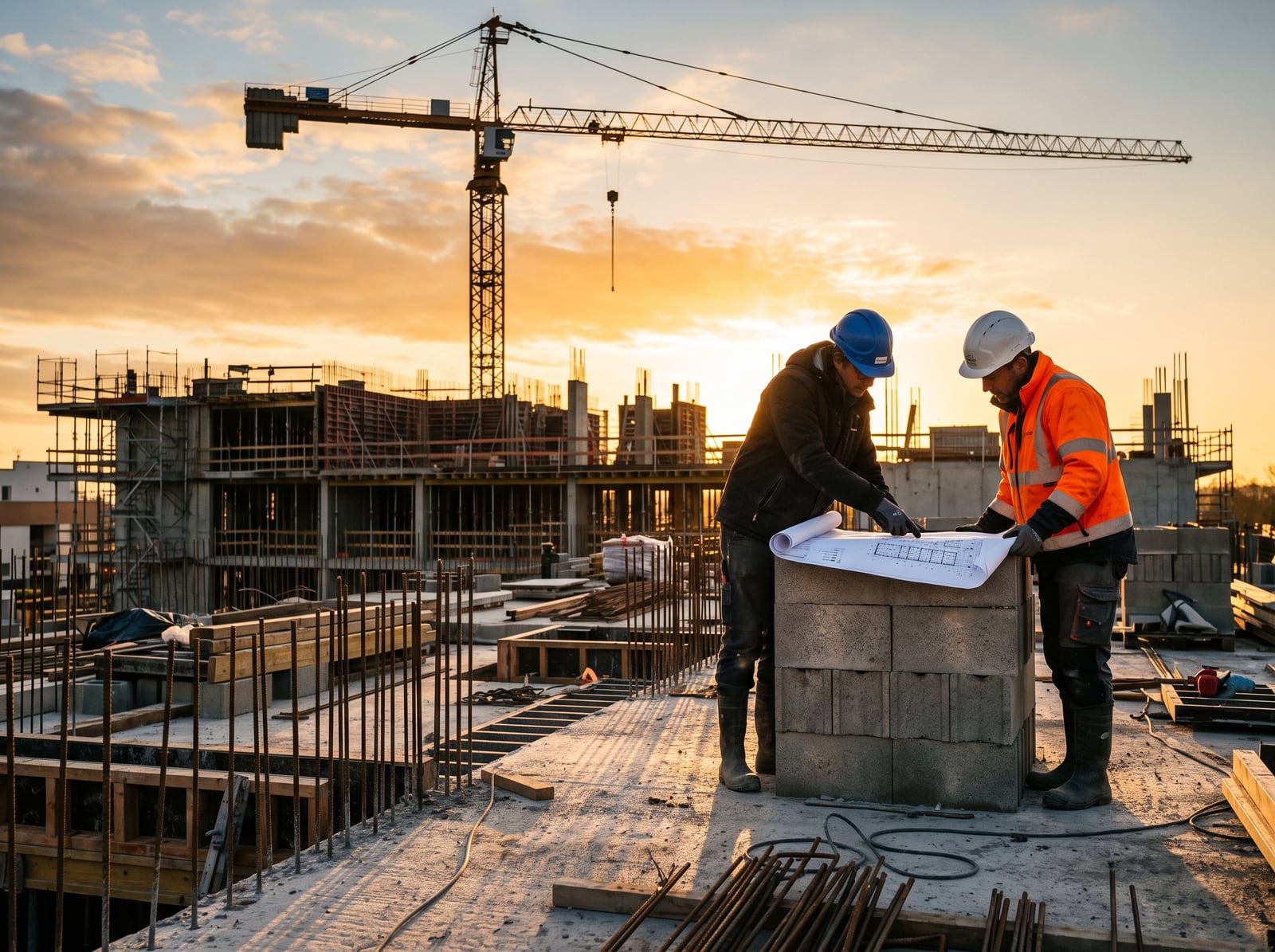 Ouvriers consultant un plan sur un chantier de gros œuvre au matin