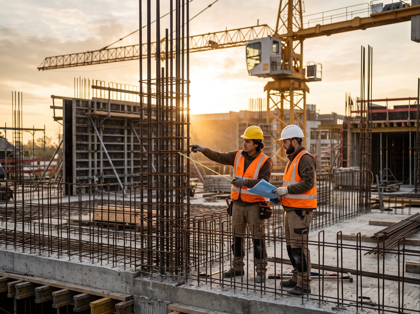 Ouvriers examinant une armature sur un chantier de gros œuvre