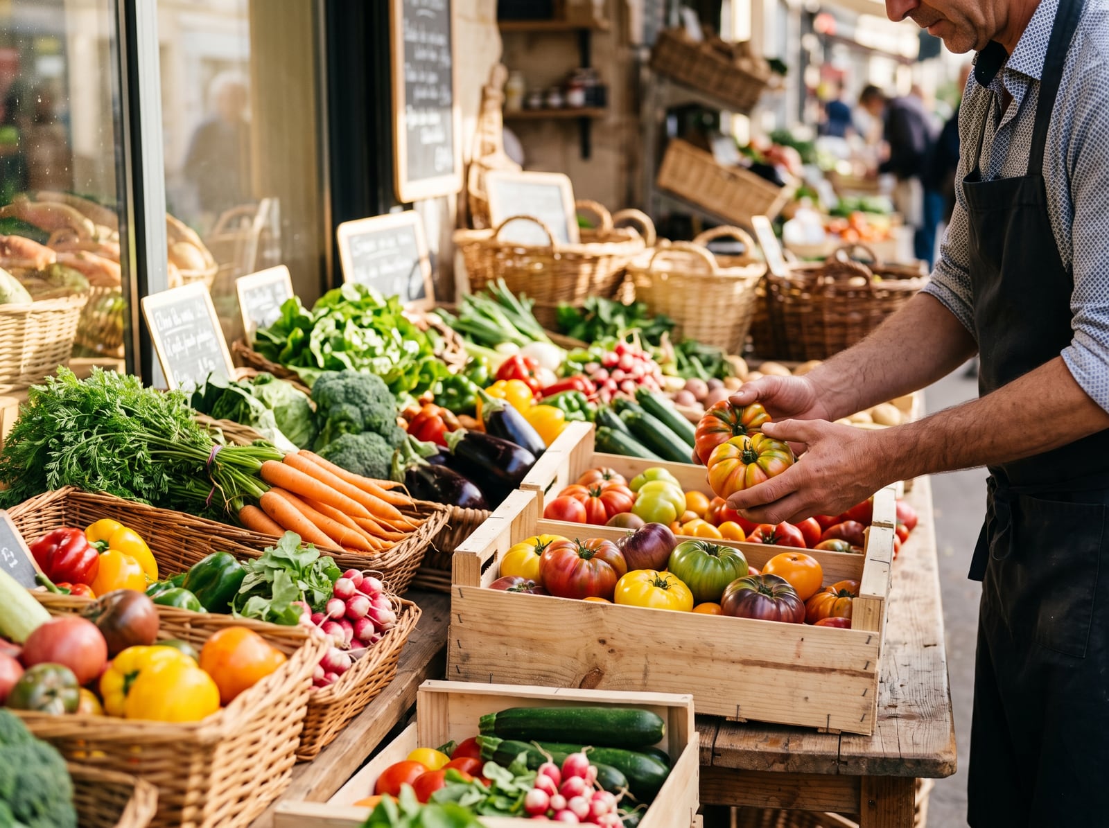 Commerçant disposant des légumes bio sur un étal de marché