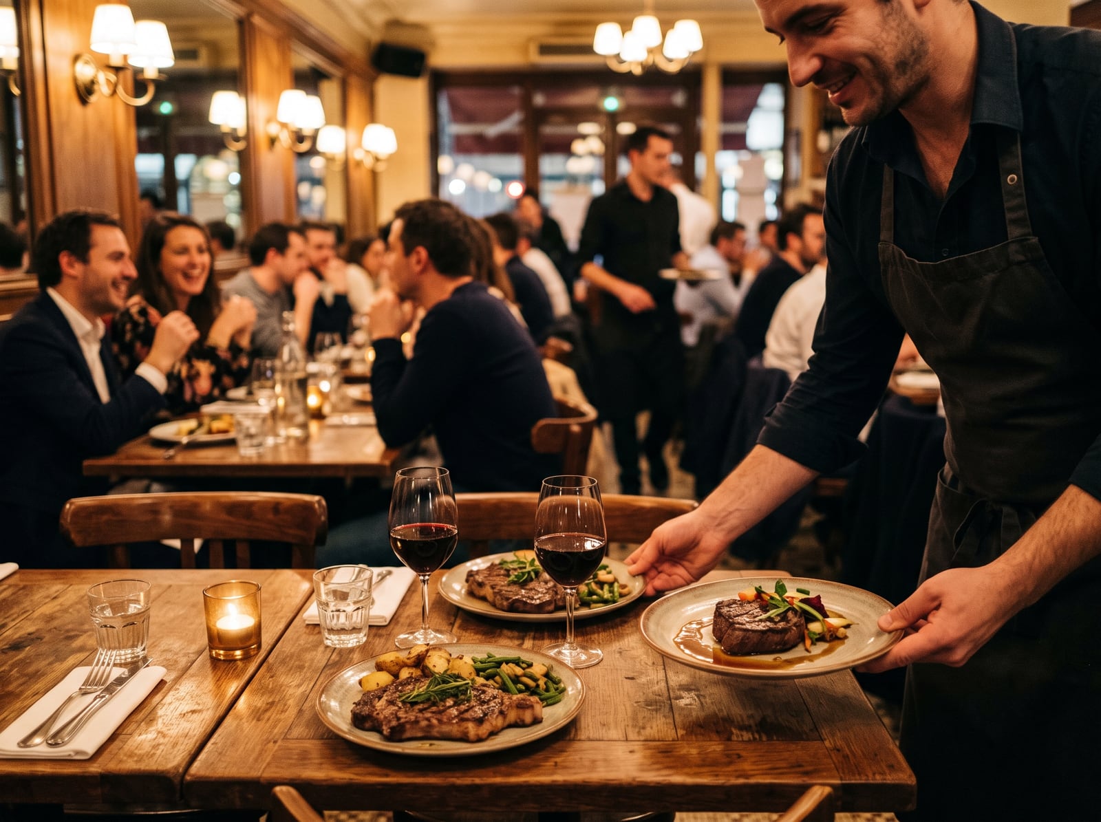Serveur apportant des plats en salle pendant le service du soir