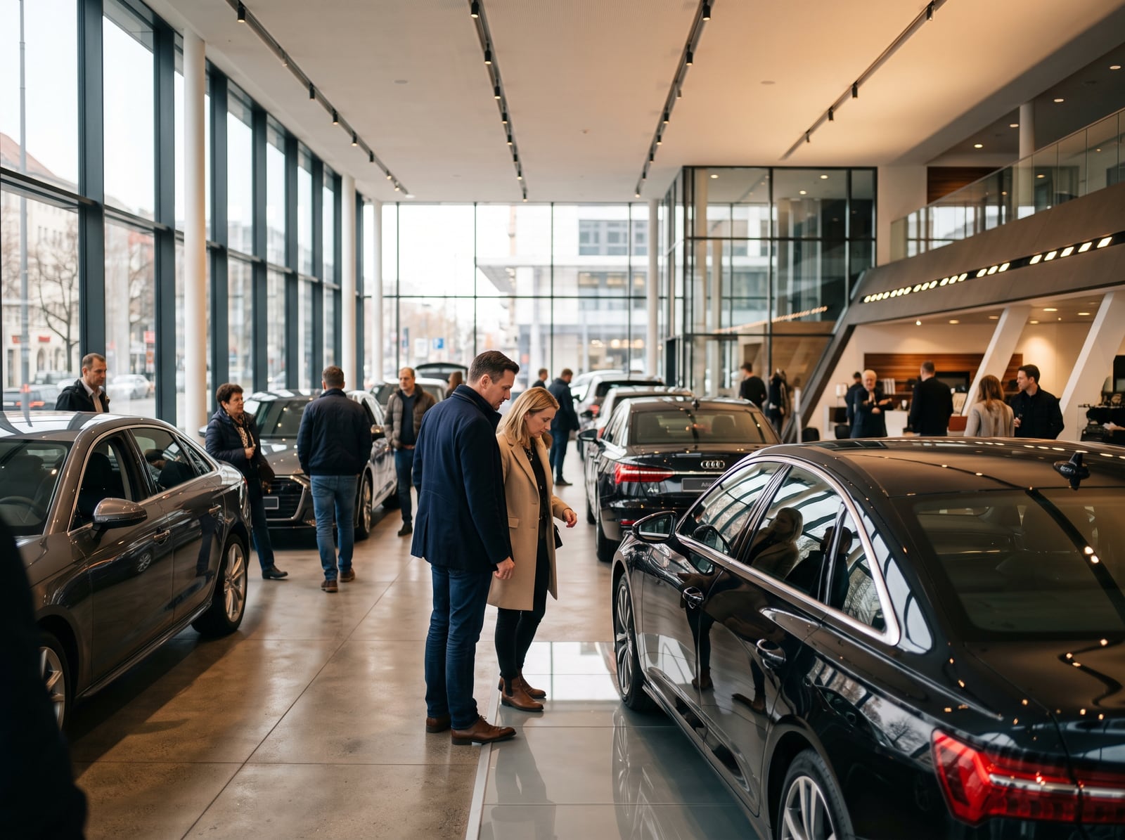 Visiteurs découvrant des berlines exposées dans un showroom automobile lumineux