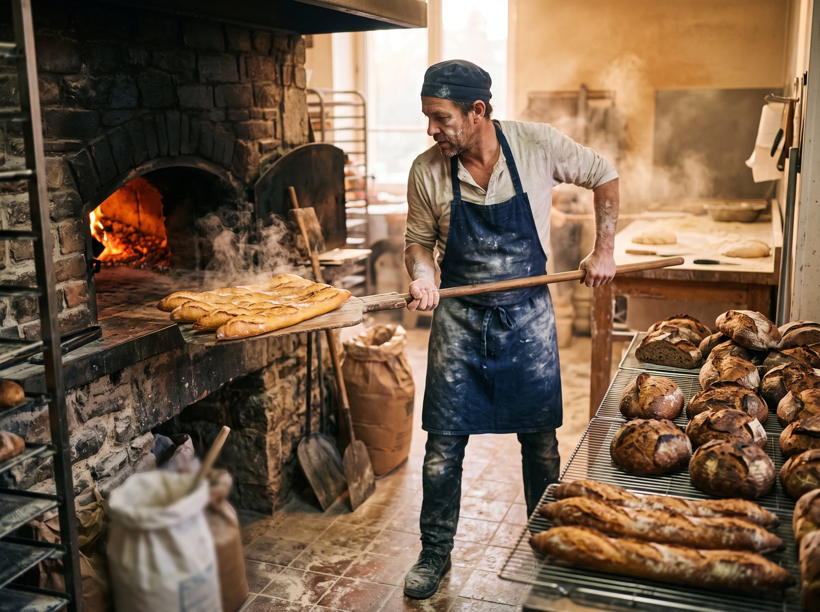Boulanger sortant des baguettes dorées du four dans son fournil