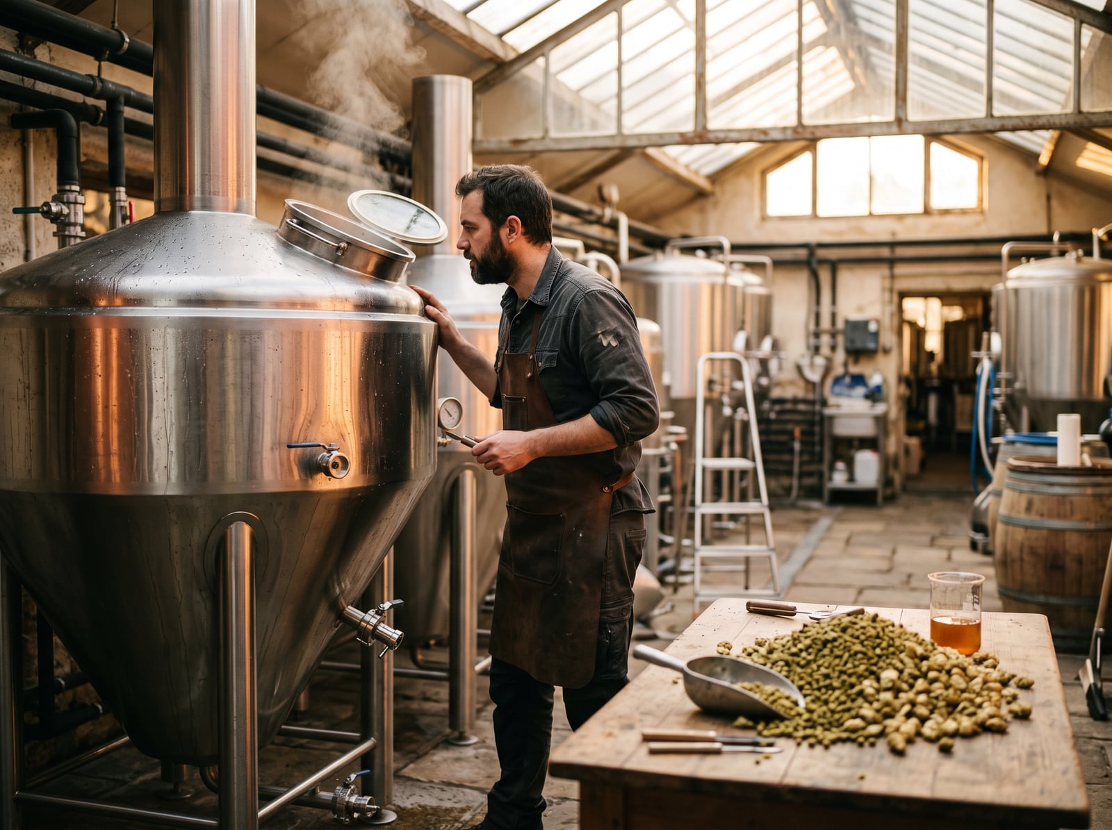 Brasseur au travail devant les cuves de sa brasserie artisanale
