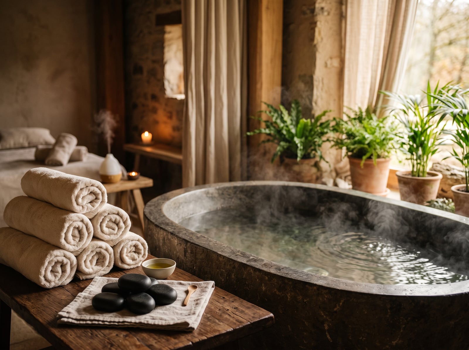 Cabine de soin d'un spa premium baignée de lumière tamisée