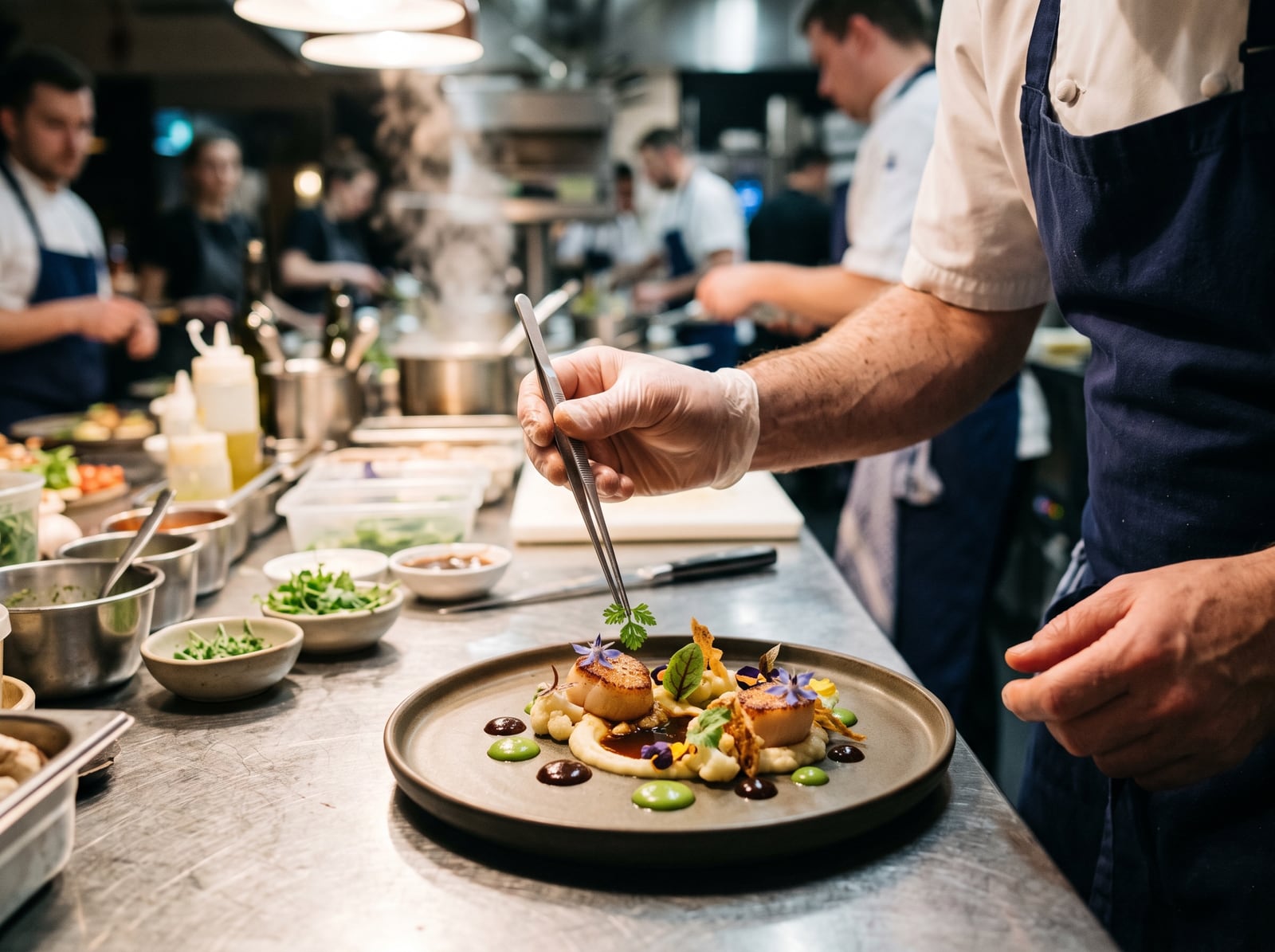 Chef dressant une assiette gastronomique à la pince
