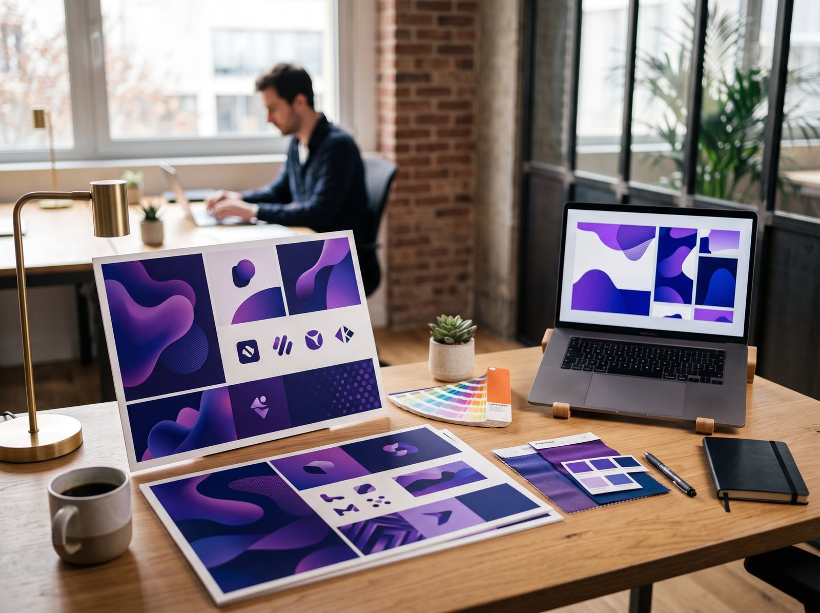 Planches d'identité visuelle aux tons violets posées sur le bureau d'un studio de design