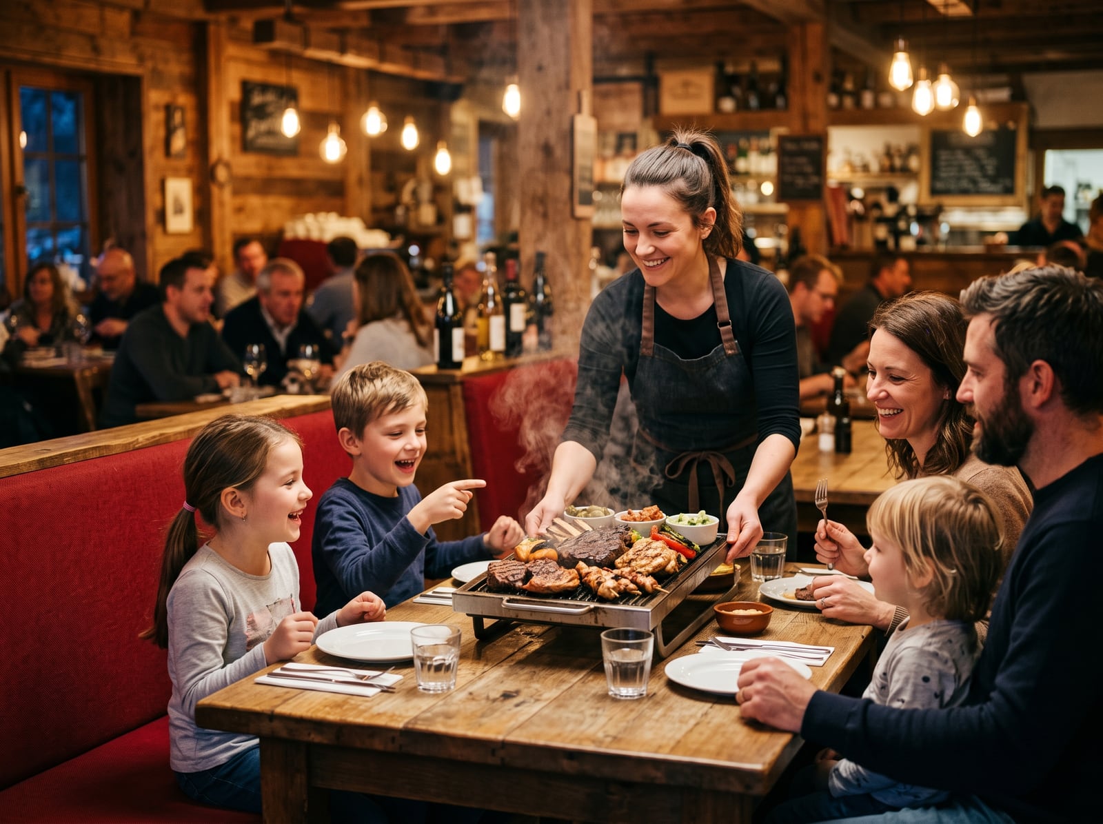 Famille attablée recevant un plateau de grillades dans un restaurant