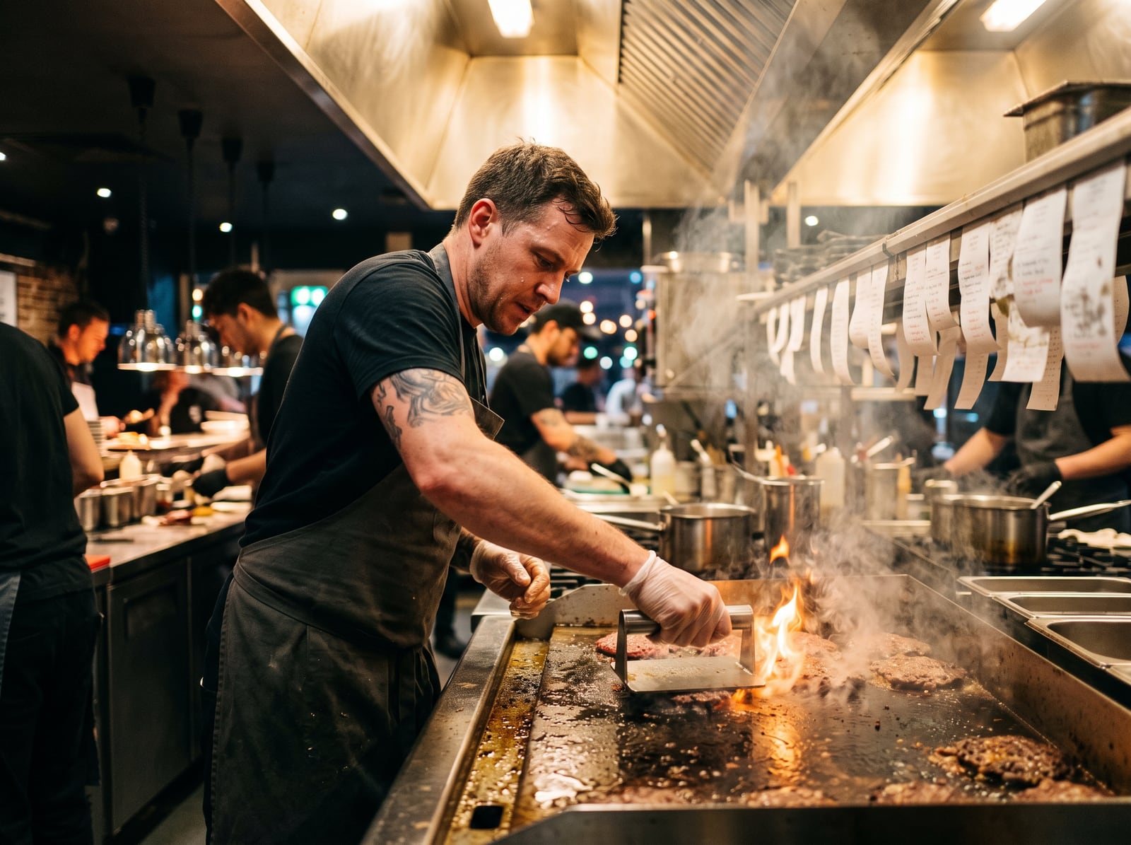 Cuisinier saisissant des burgers sur une plancha fumante en plein service