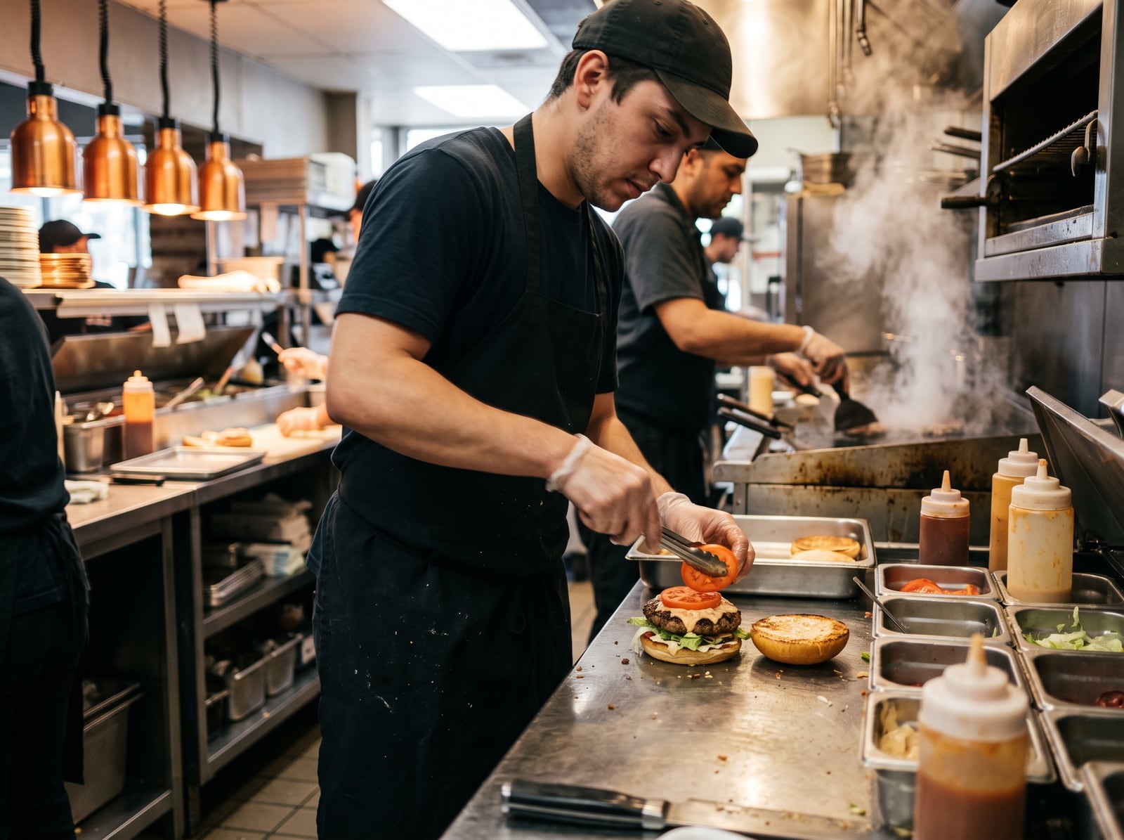 Équipier dressant un burger sur un plan de travail en pleine heure de pointe