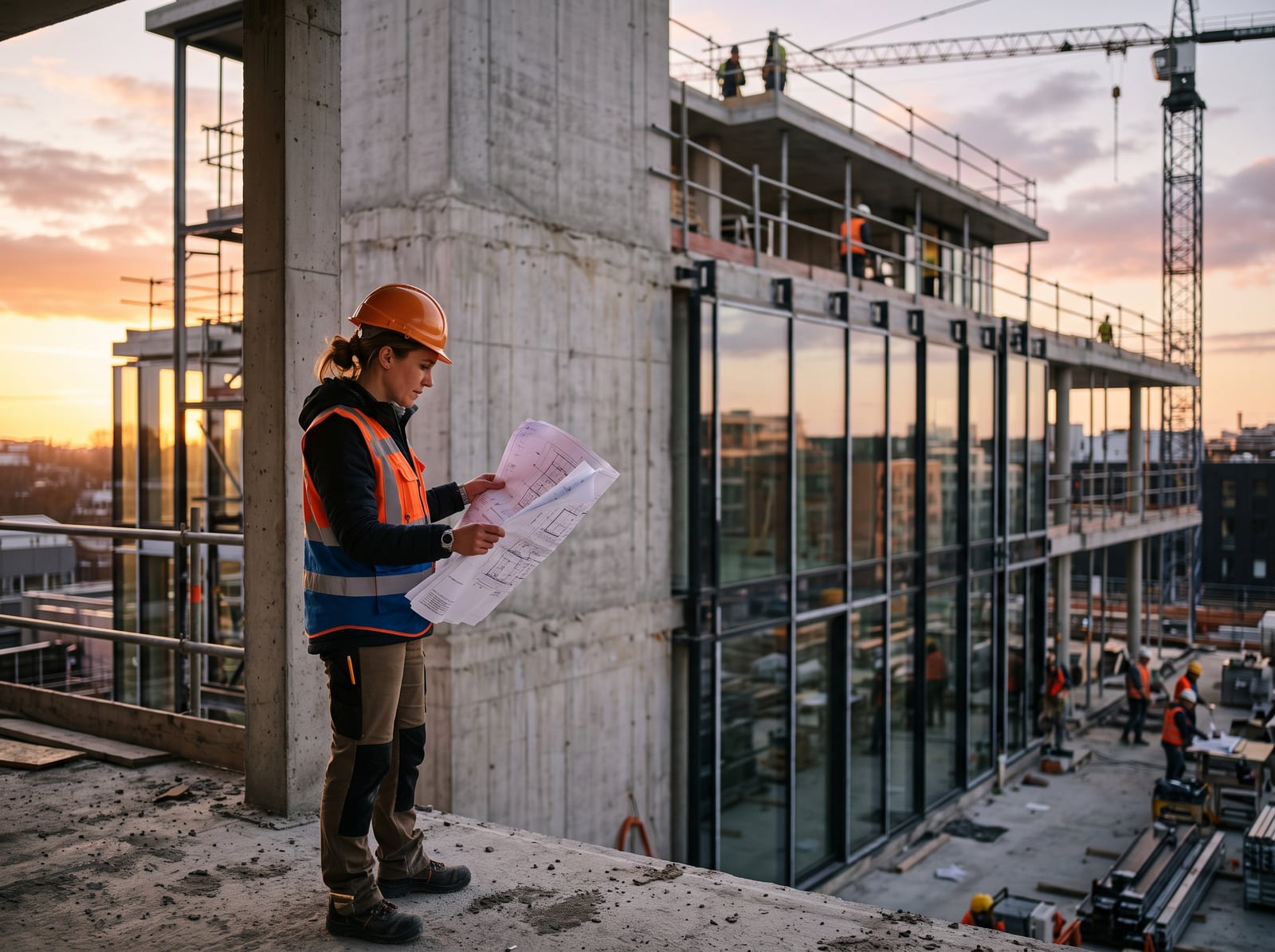 Architecte vérifiant ses plans sur le chantier d'un bâtiment contemporain