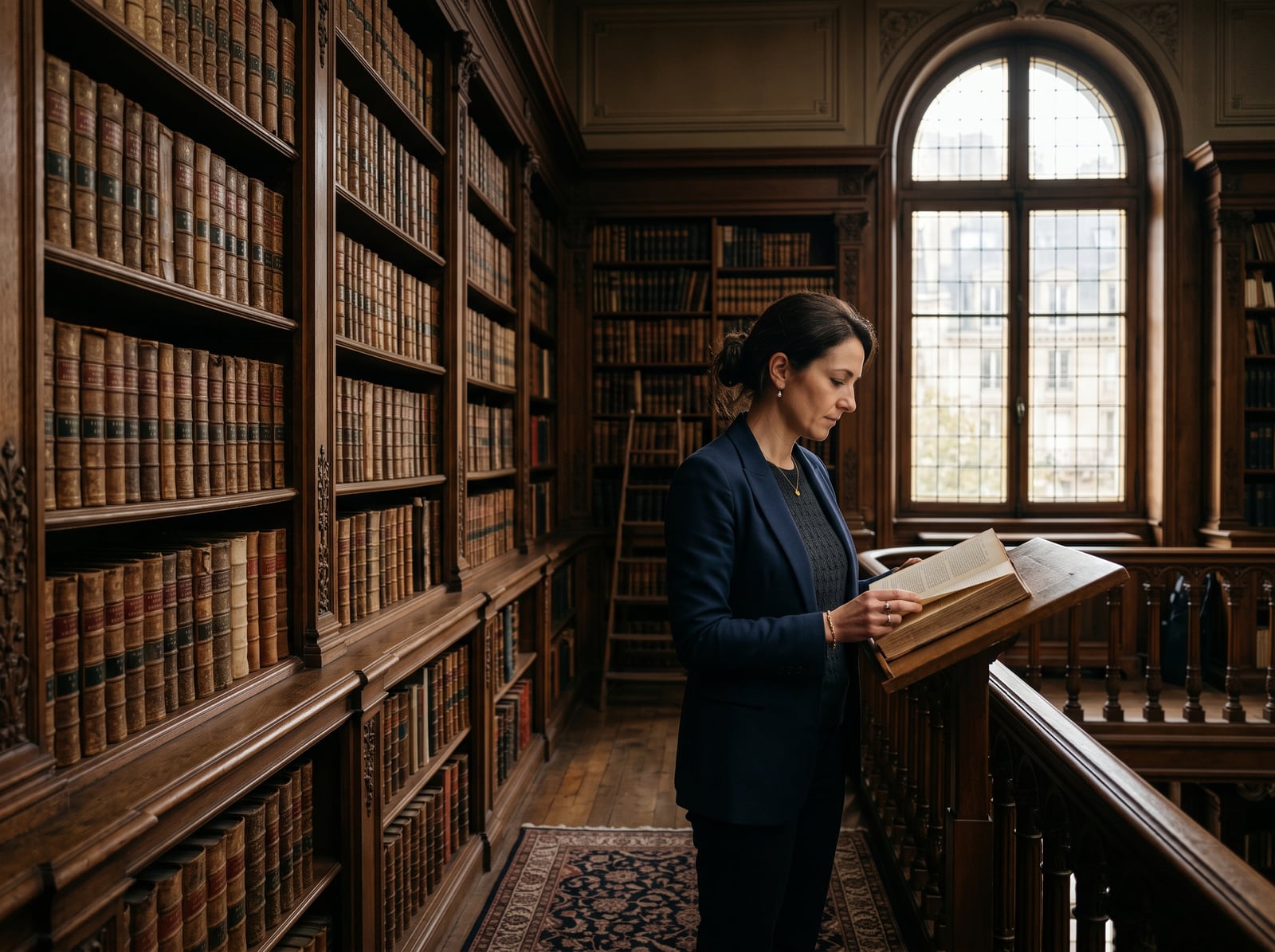Avocate consultant un ouvrage dans la bibliothèque du cabinet
