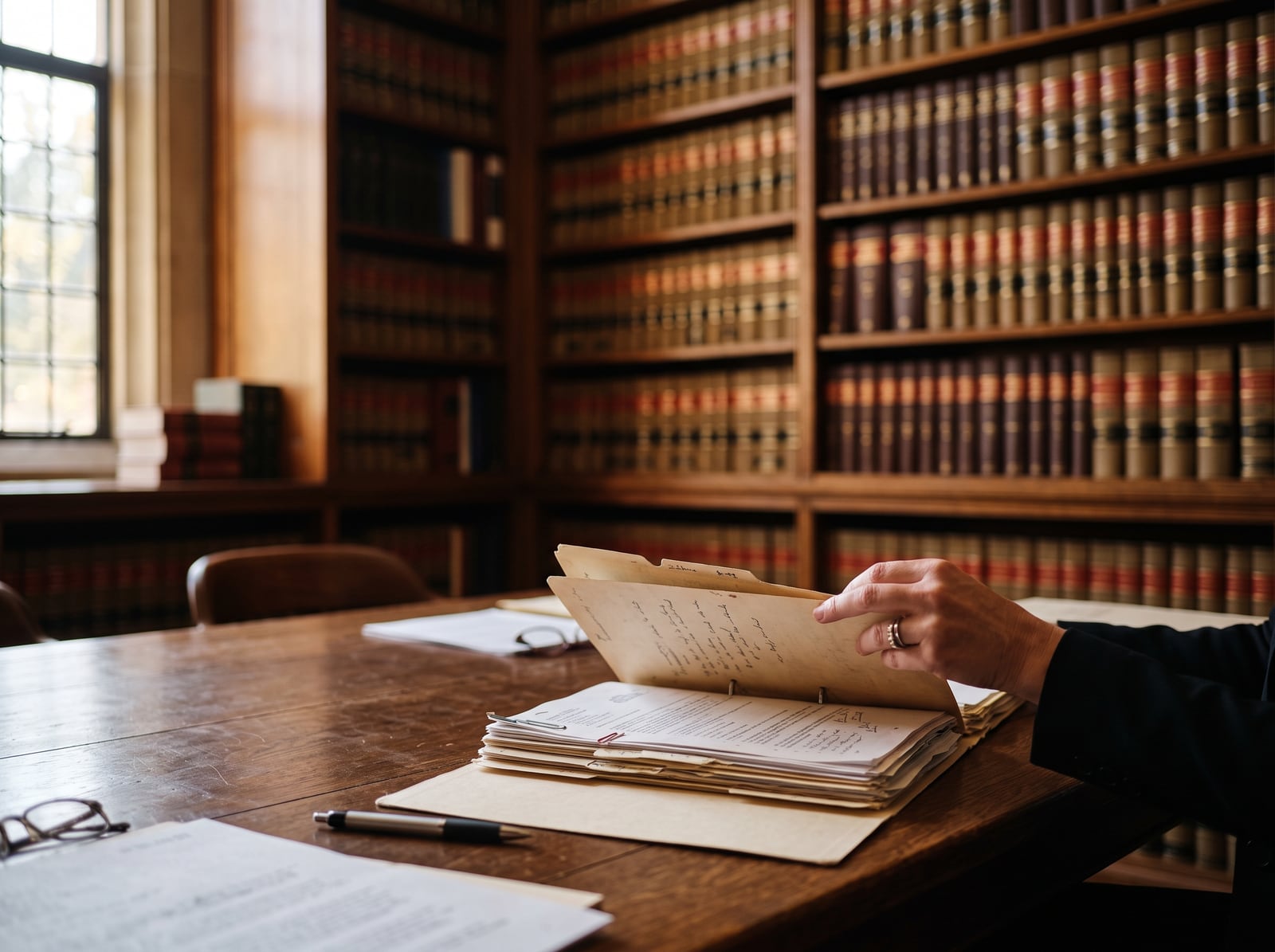 Main feuilletant un dossier dans la bibliothèque d'un cabinet d'avocats