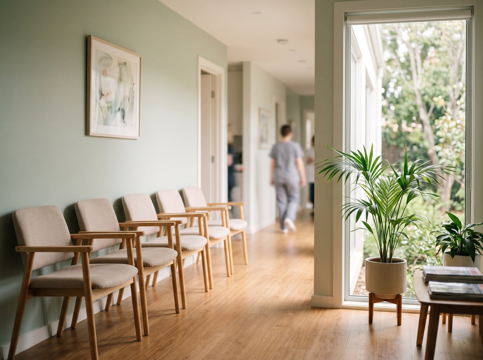 Salle d'attente médicale lumineuse et apaisante aux chaises alignées
