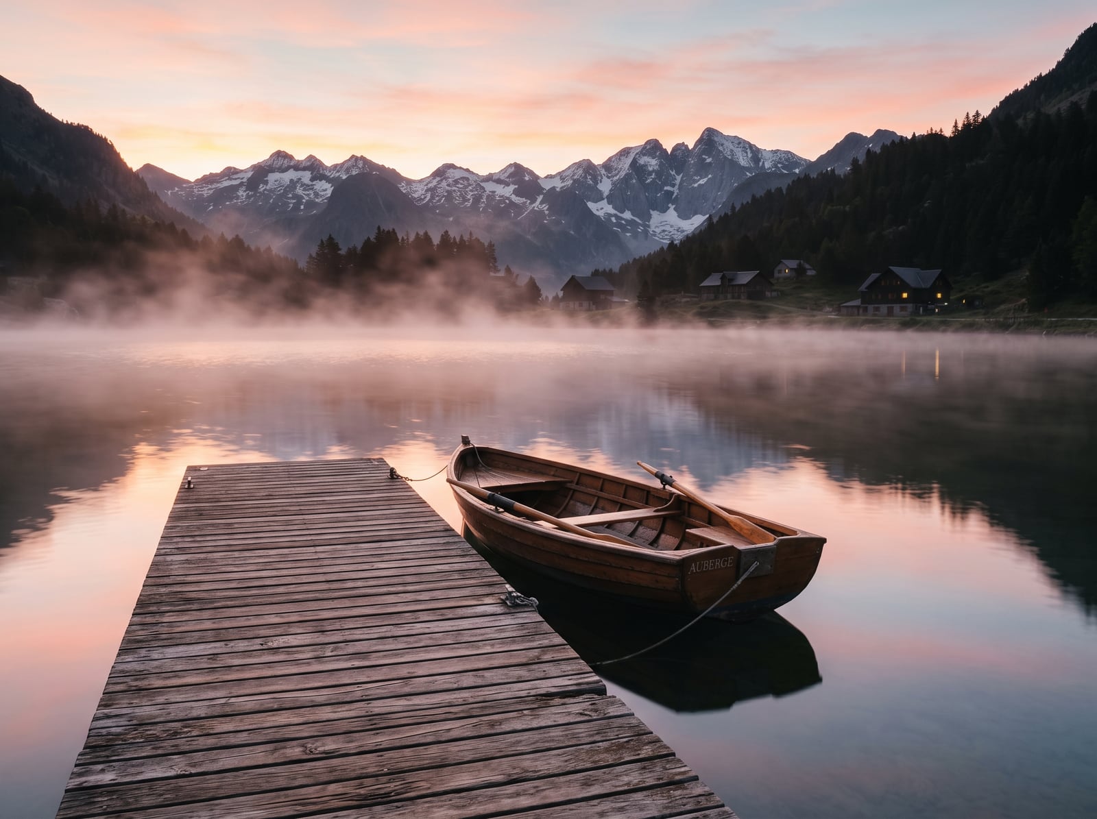 Ponton et barque sur un lac paisible au lever du jour