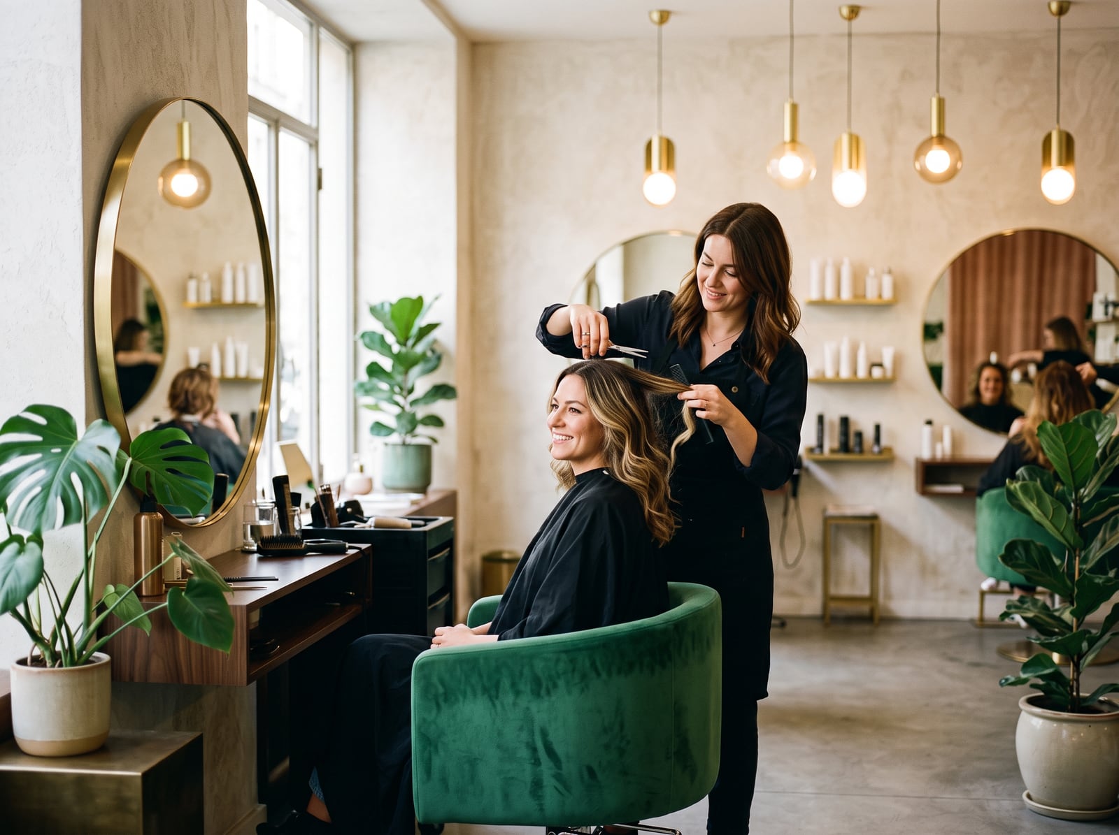 Coiffeuse travaillant une coupe dans un salon lumineux et élégant
