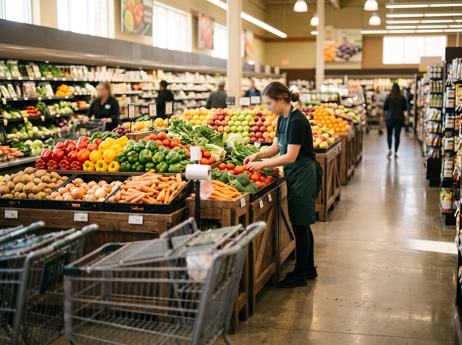 Employée garnissant un étal de fruits et légumes en supermarché