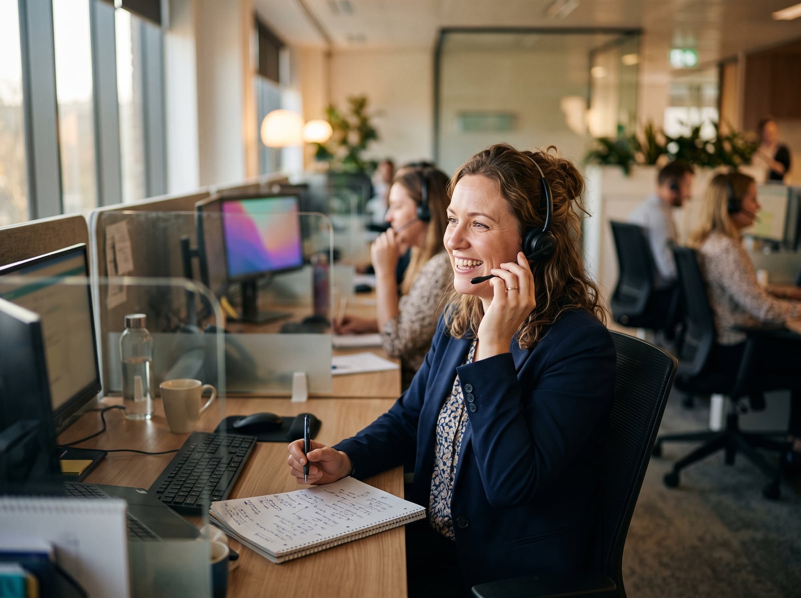 Conseillère en assurance au téléphone sur un plateau lumineux