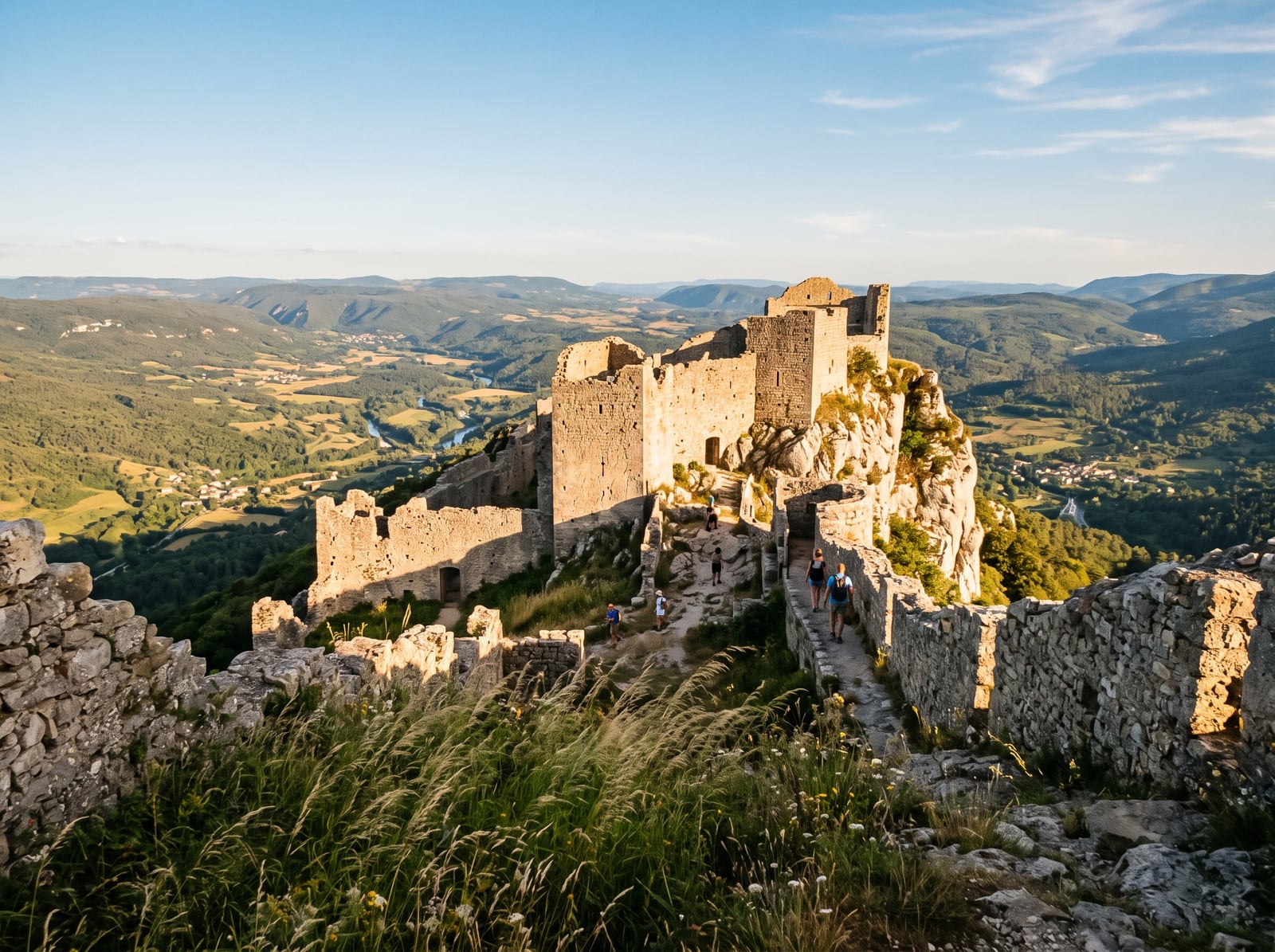 Visiteurs explorant les remparts d'un château médiéval au soleil couchant