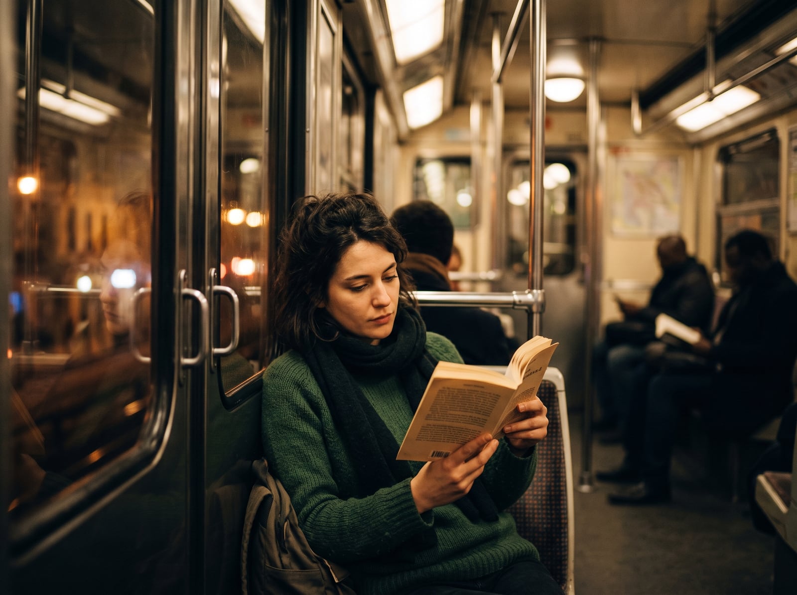 Lectrice plongée dans sa lecture pendant un trajet en métro