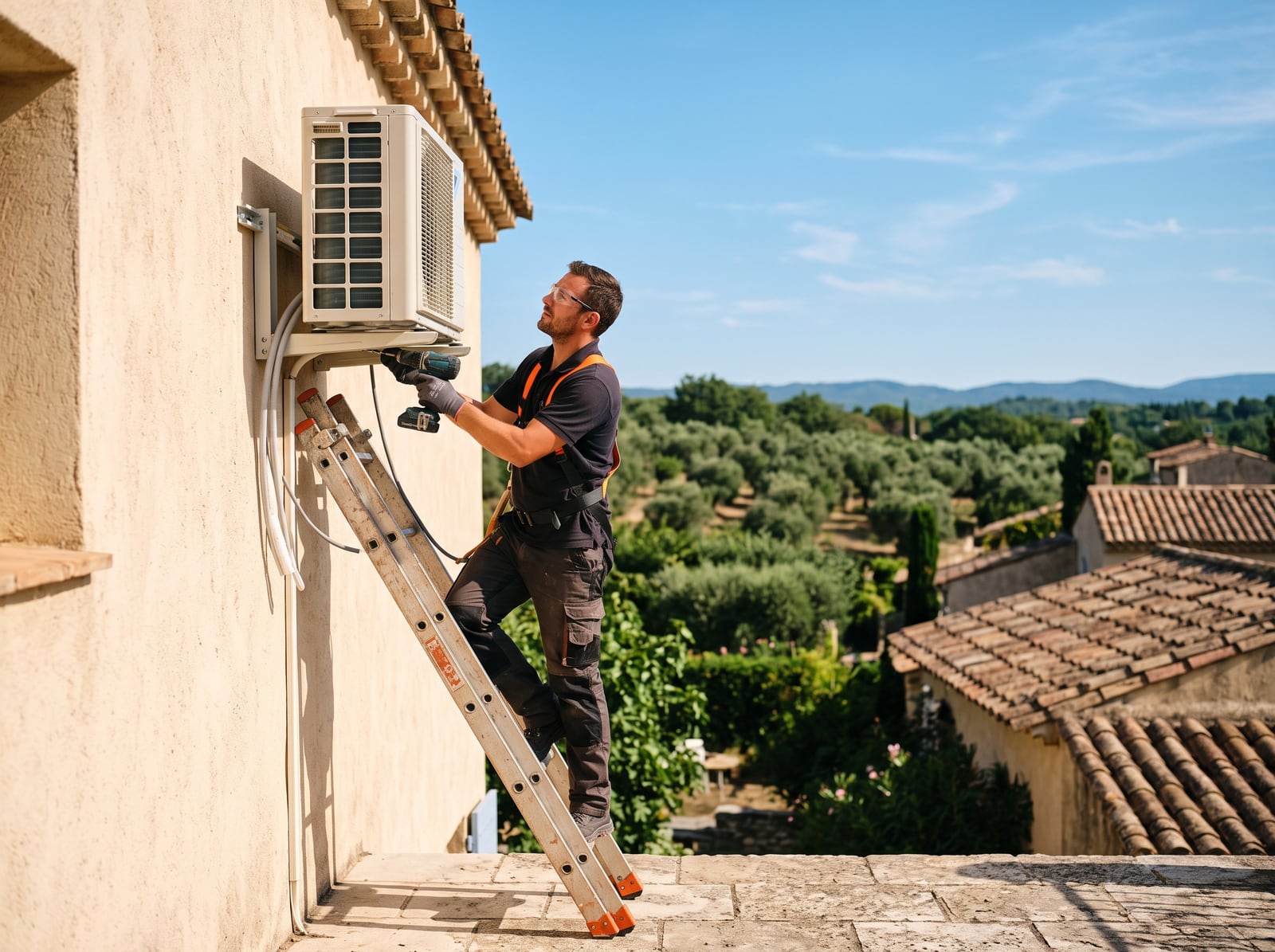 Technicien fixant une unité de climatisation sur une façade ensoleillée