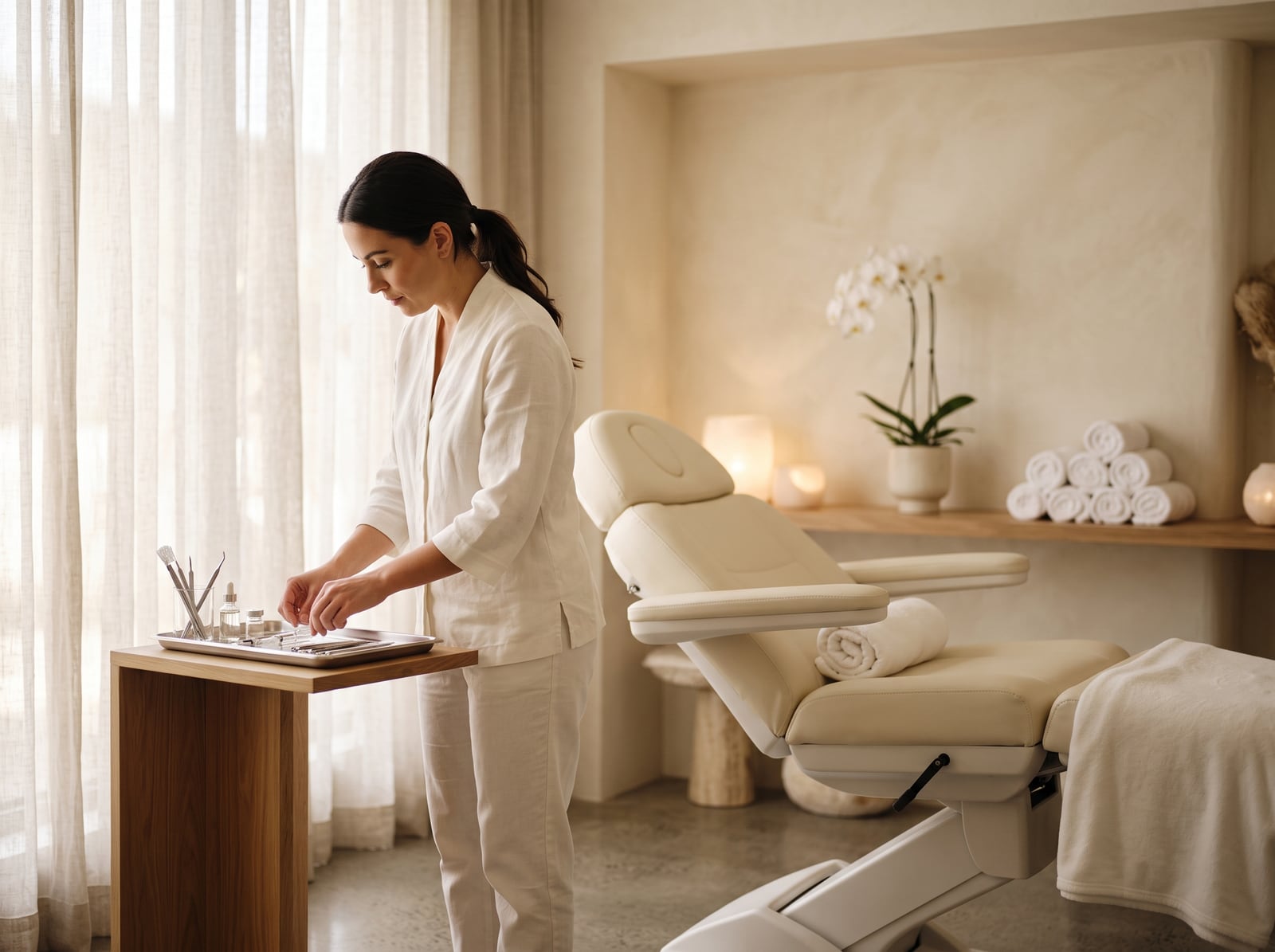 Praticienne préparant une salle de soins esthétiques lumineuse et épurée