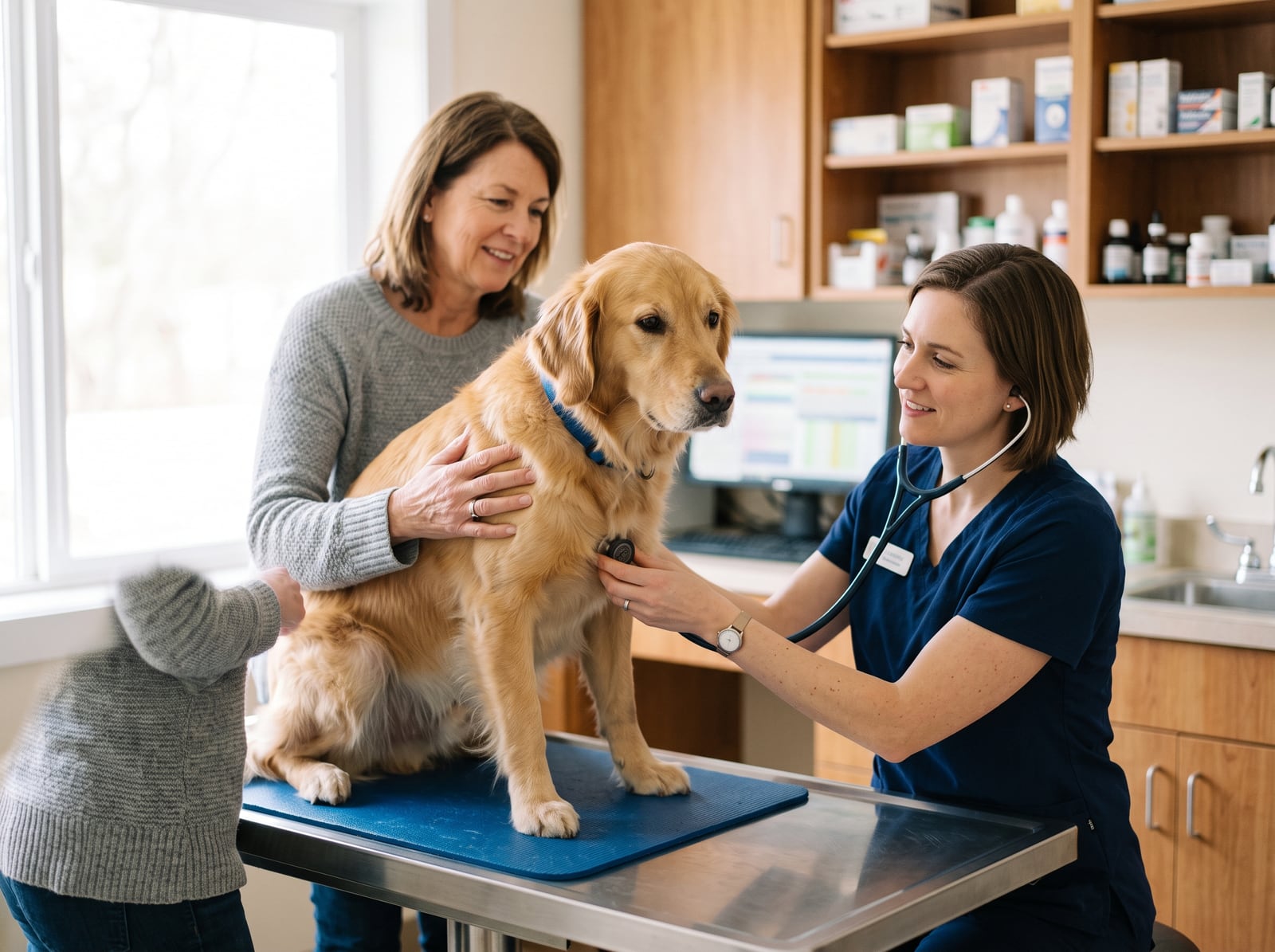 Vétérinaire auscultant un chien sur une table d'examen