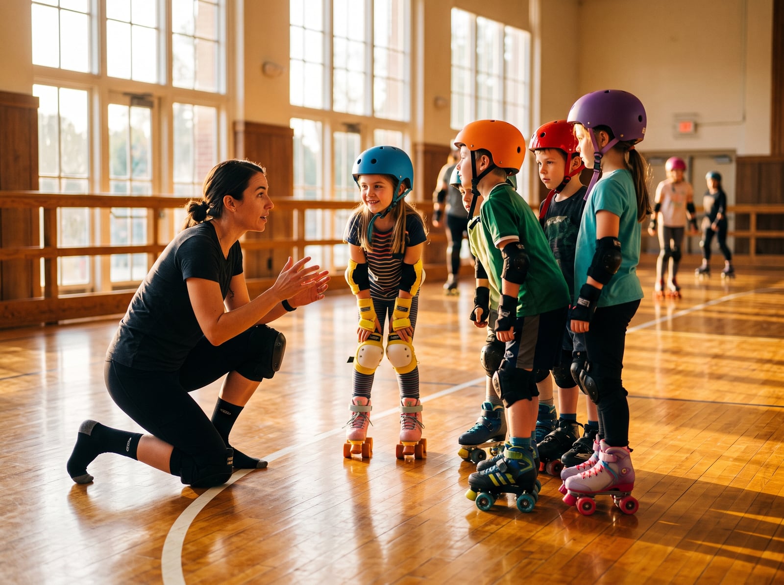 Entraîneur conseillant de jeunes patineurs au bord de la piste