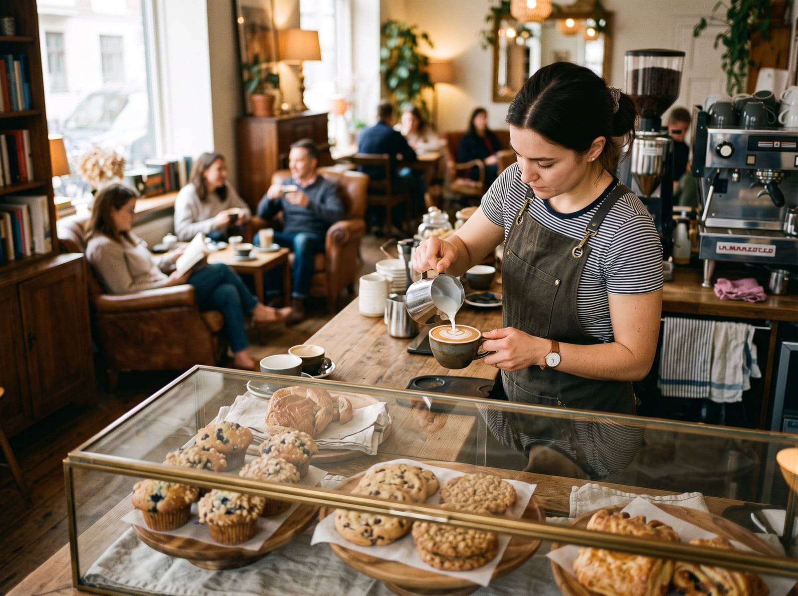 Barista réalisant un latte art derrière le comptoir d'un coffee shop