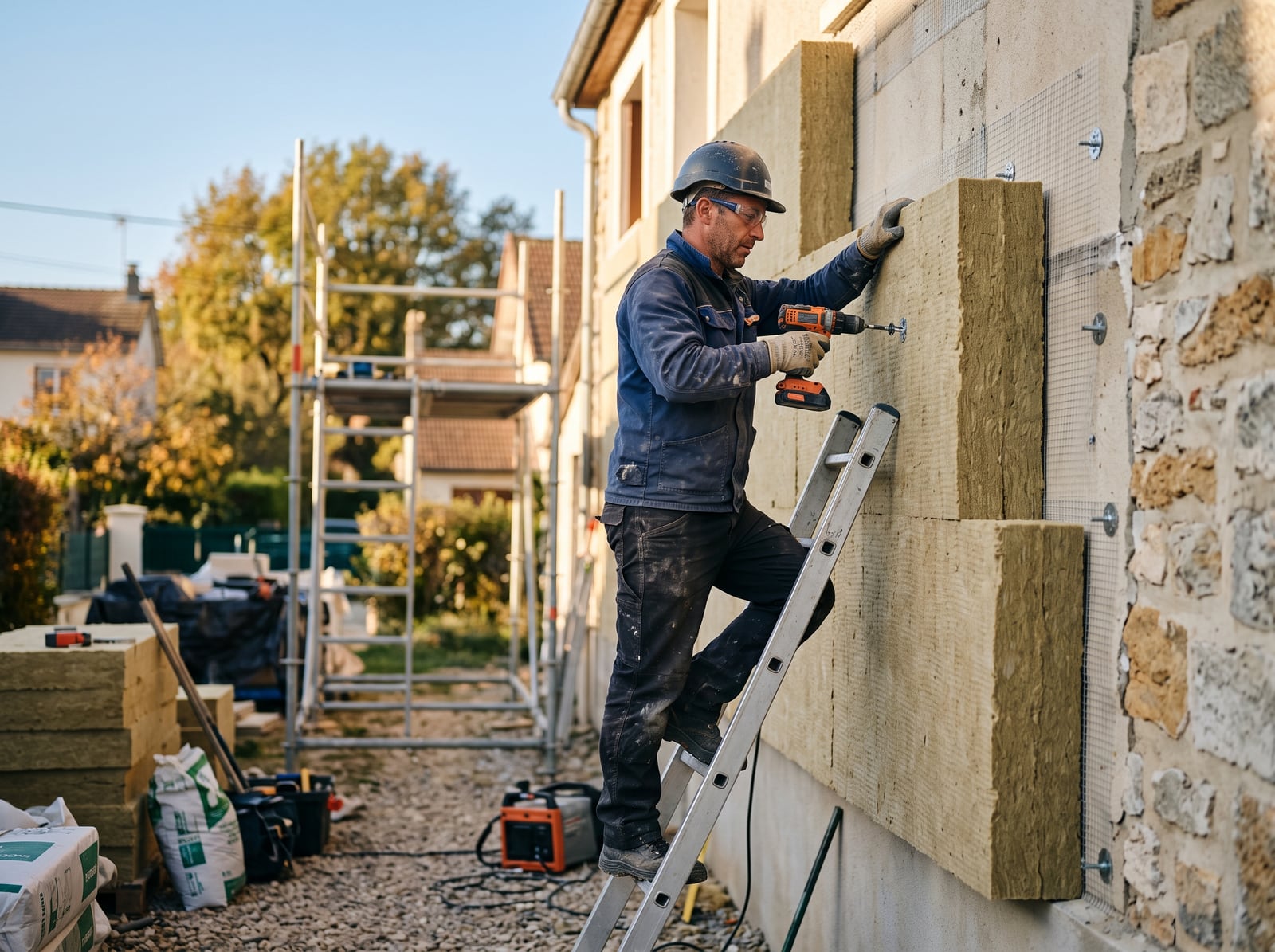 Artisan posant une isolation extérieure sur la façade d'une maison