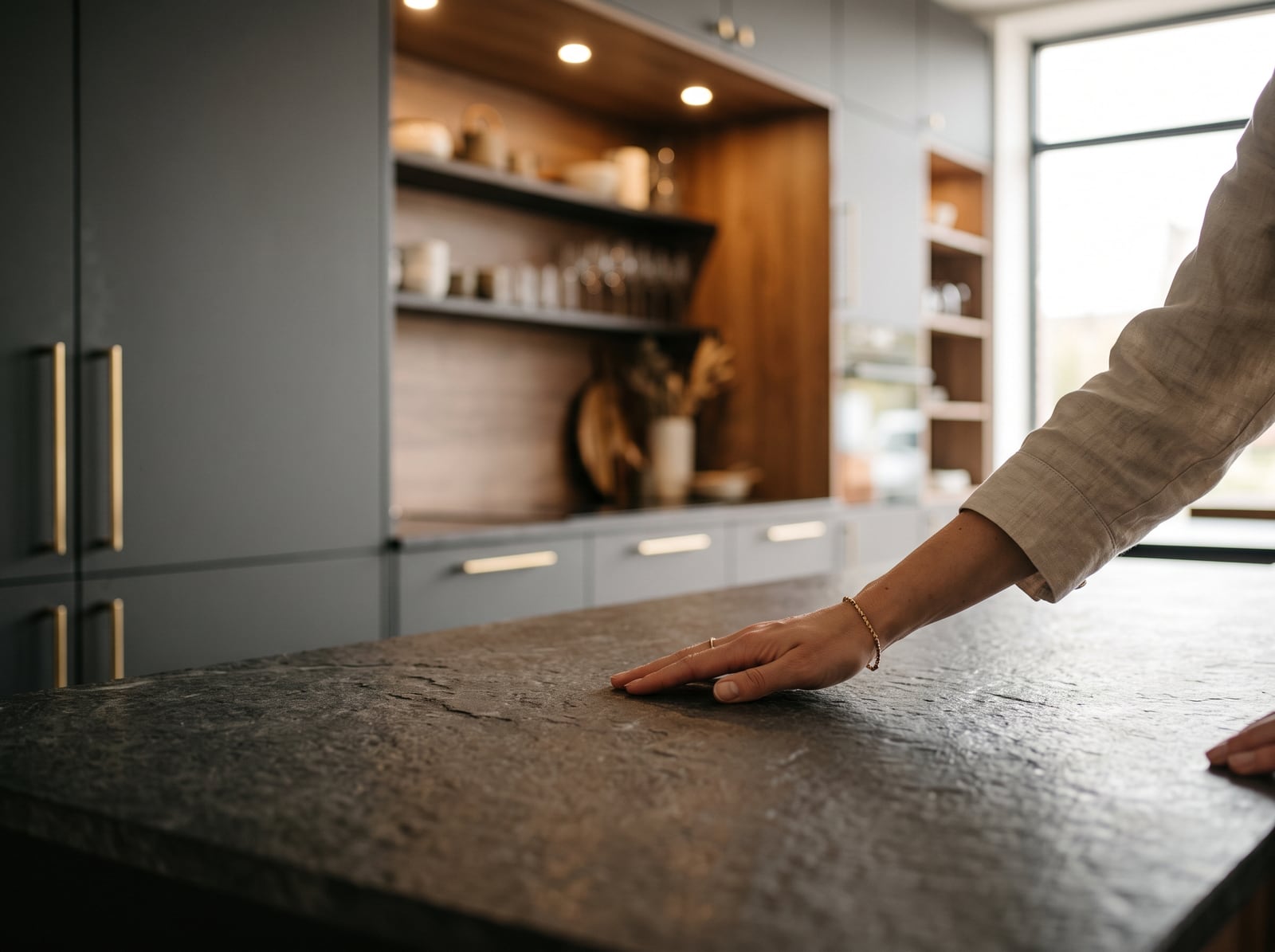 Main effleurant un plan de travail en pierre dans un showroom de cuisines