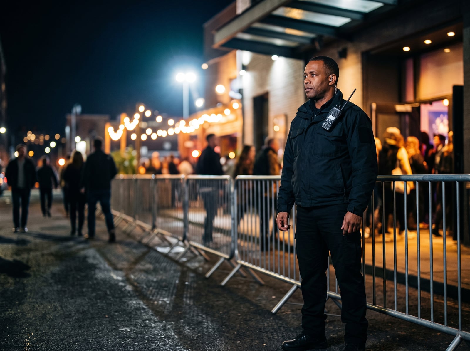 Agent de sécurité en poste devant un site événementiel de nuit