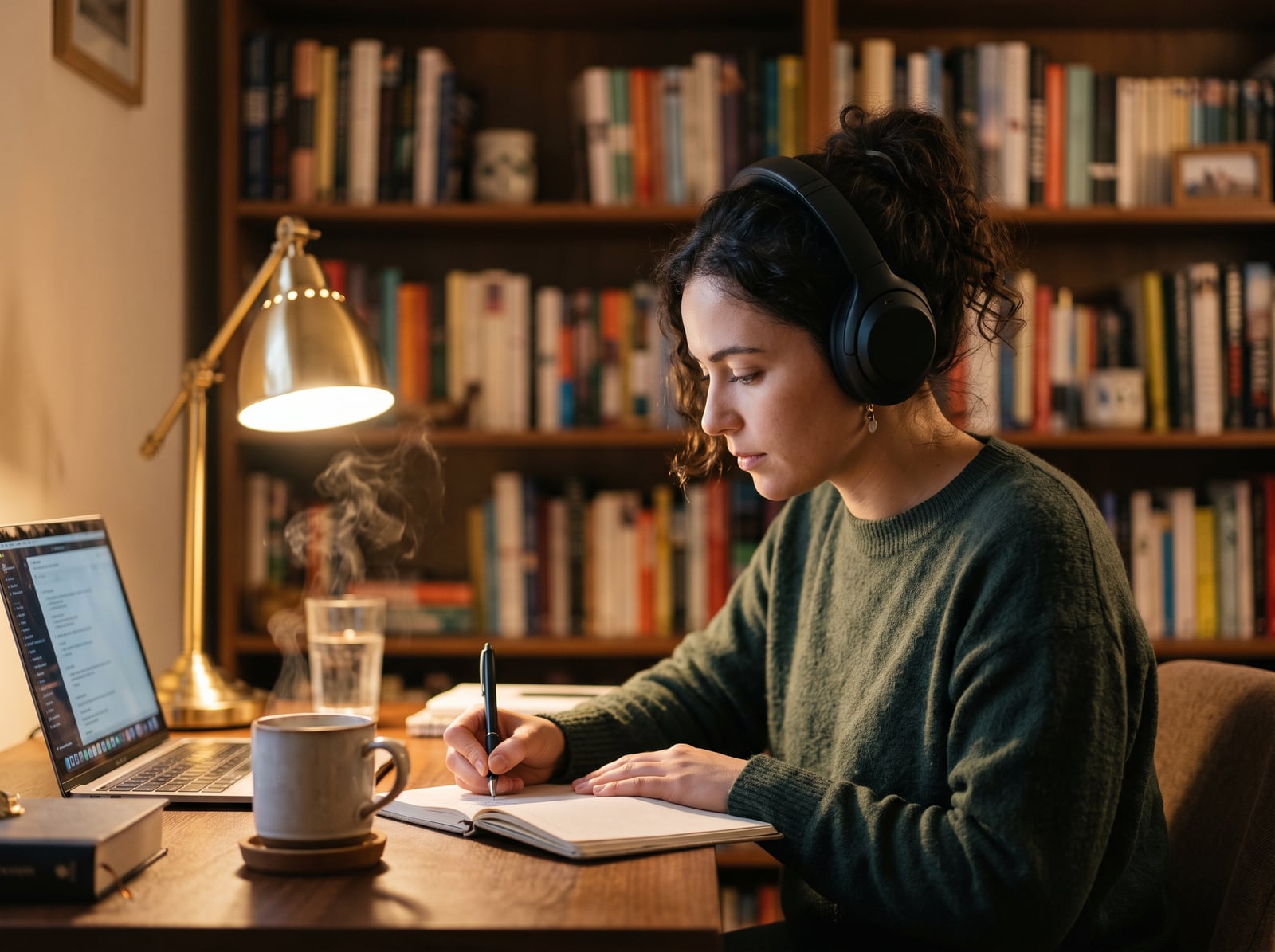 Apprenante suivant une formation en ligne depuis son bureau le soir