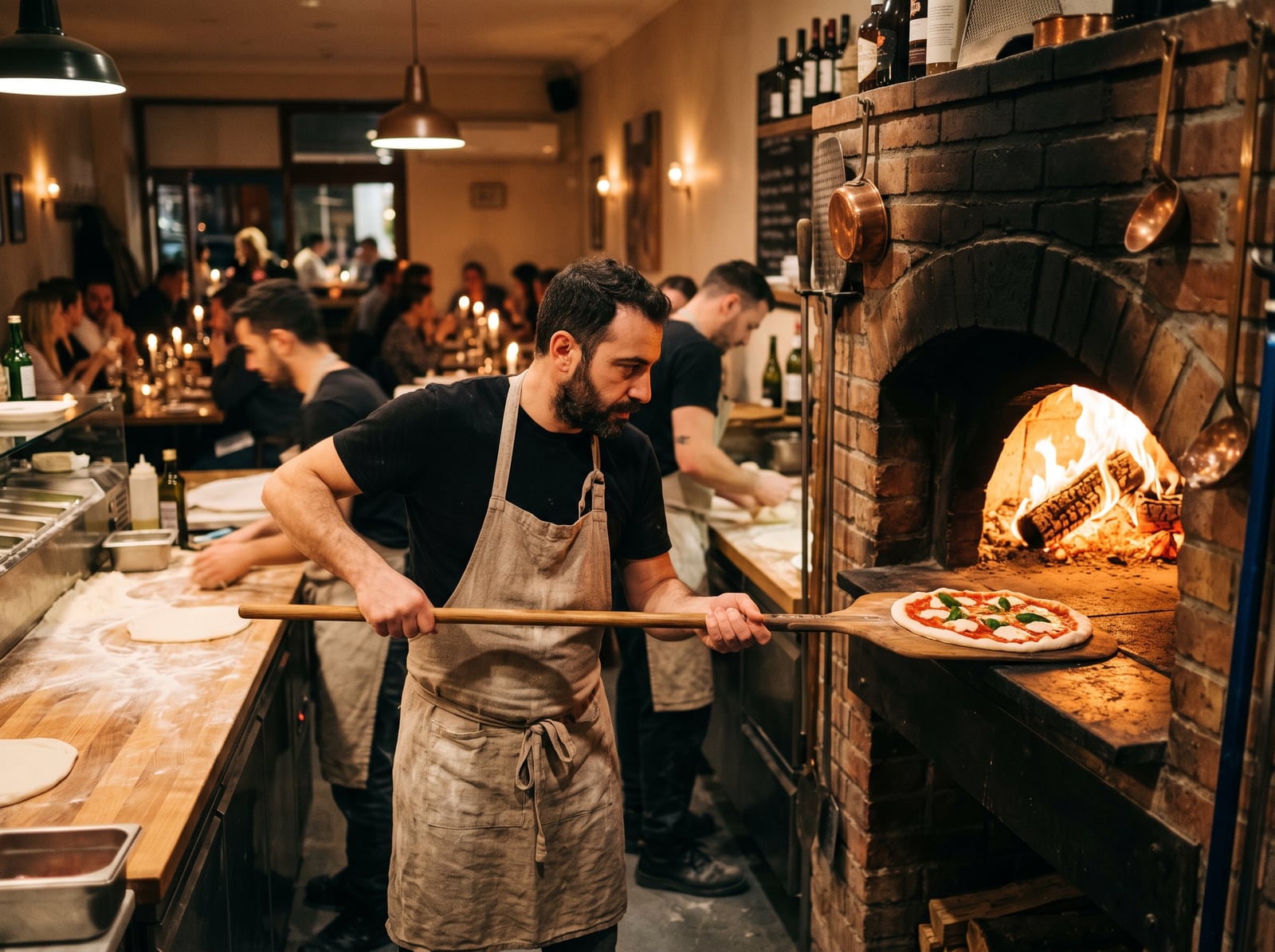 Pizzaïolo enfournant une pizza au four à bois pendant le service